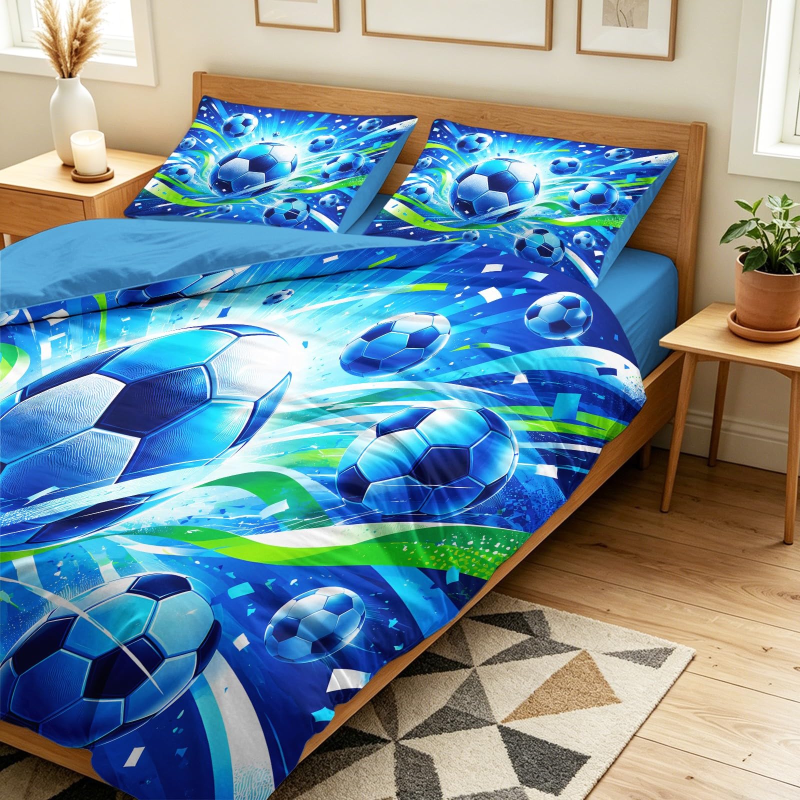 Générique Poszwa na kołdrę 240 x 220 cm, piłka nożna, komplet pościeli 2-osobowej, prześcieradło z gumką, taśma piłkarska 4-częściowy zestaw pościeli z 2 poszewkami na poduszki