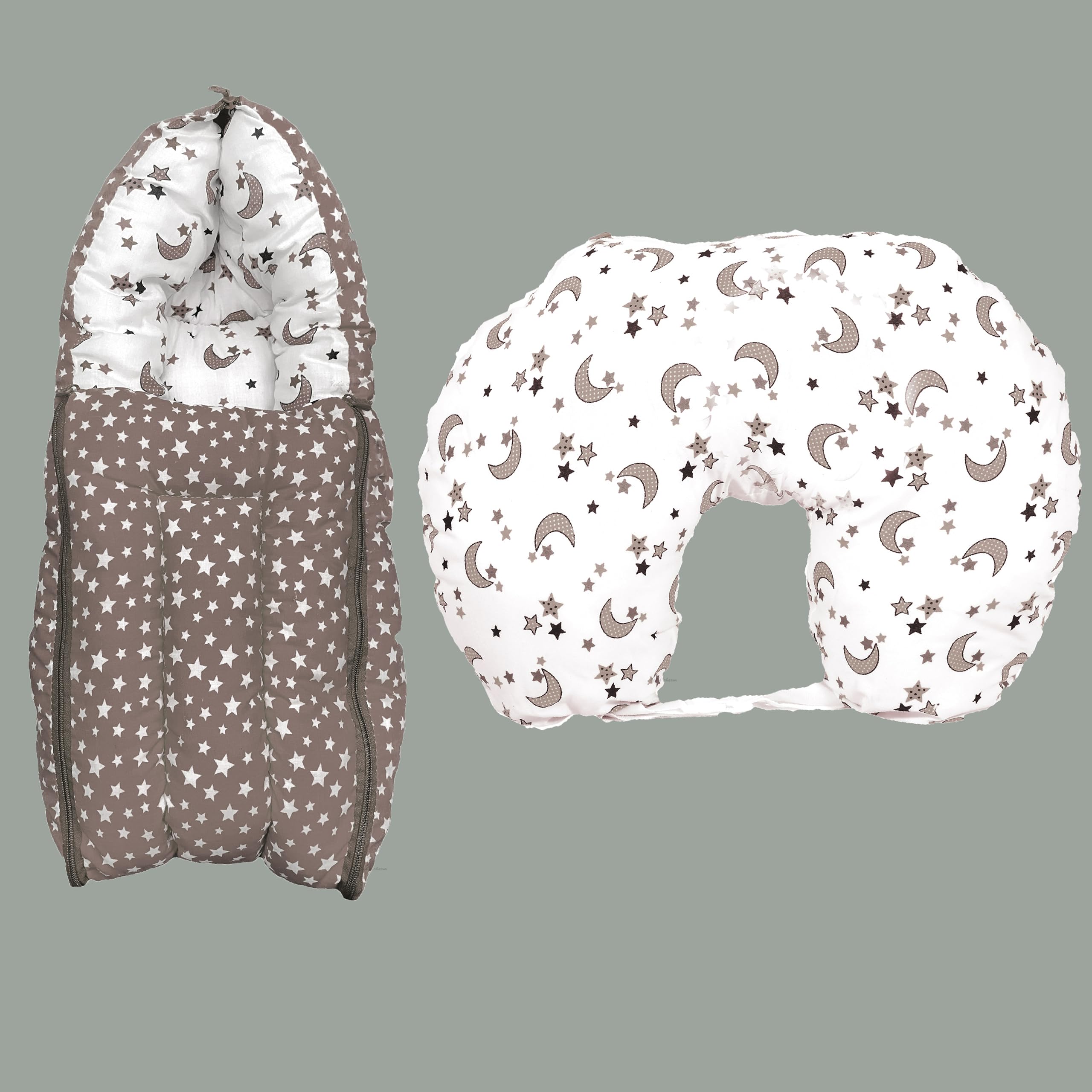 Kid's Charm Star-Moon 2 PCS Combo Set |3 in 1 Baby's Cotton Bed Cum Carry Bed|5 in 1 Baby's Cotton Breast Feeding Pillow with Safety Belt for 0-4 Months (Grey)
