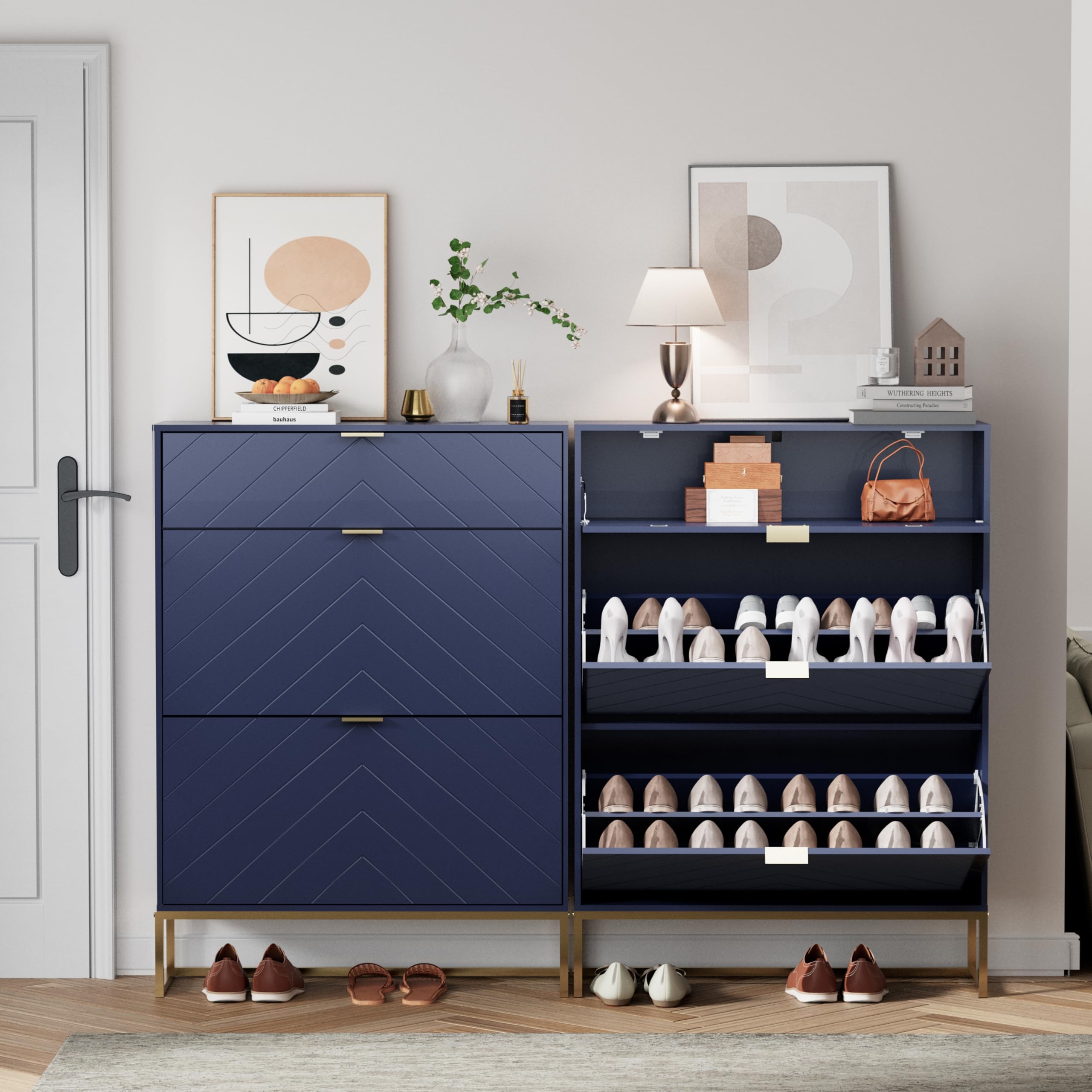 UEV Schuhschrank mit 3 Klappen schmal Schuhablage Schuhkommode Schuhregal Schuhkipper Platzsparend, mit Kippschutz/Trennwand verstellbar für Wohnzimmer Flur, 80x24x122cm, Blau
