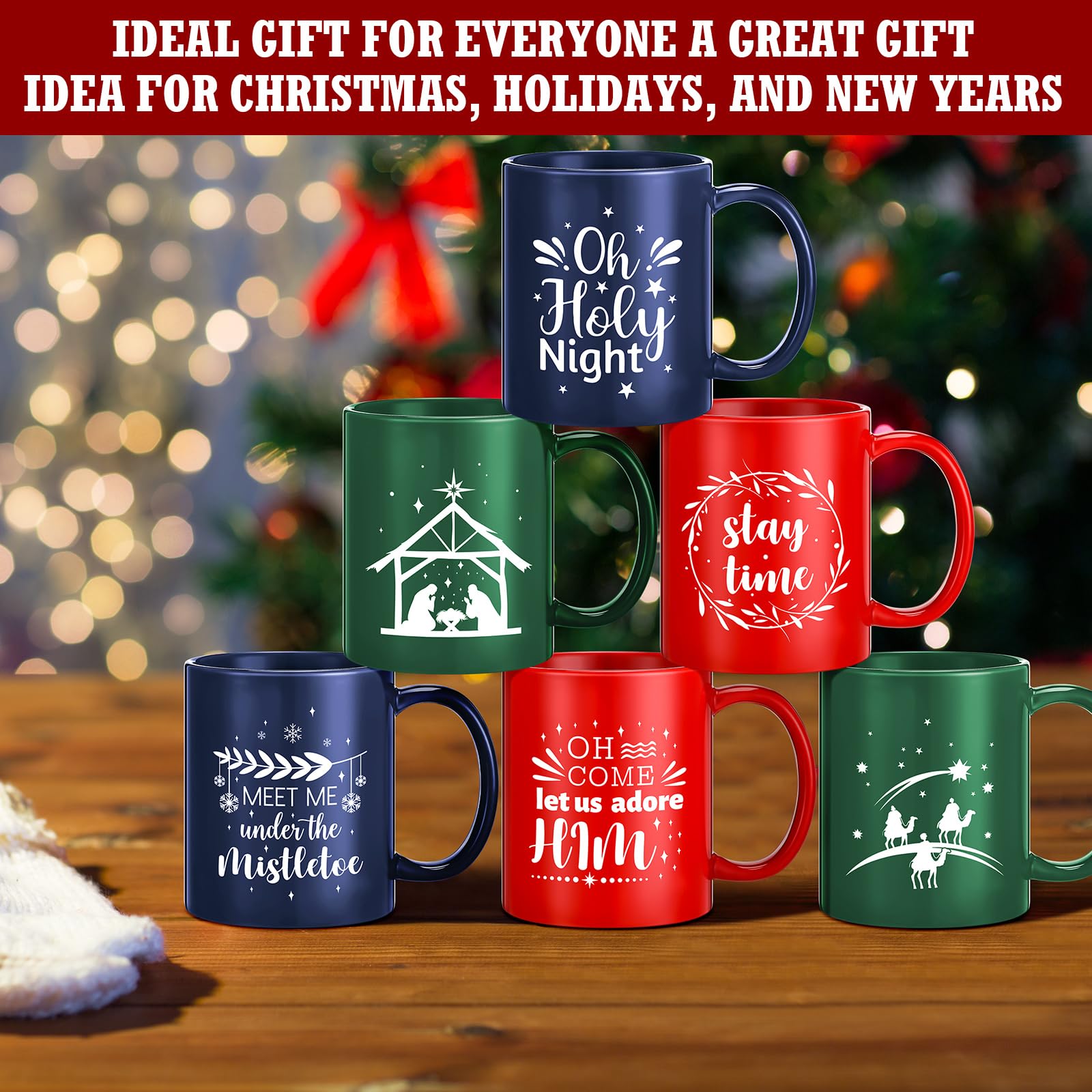 Uiifan Juego de 9 tazas de Navidad de 12 onzas, mini tazas de café de Navidad con taza de belén, tazas de cerámica para Navidad caliente o fría, centros de mesa, decoración de inauguración de la casa