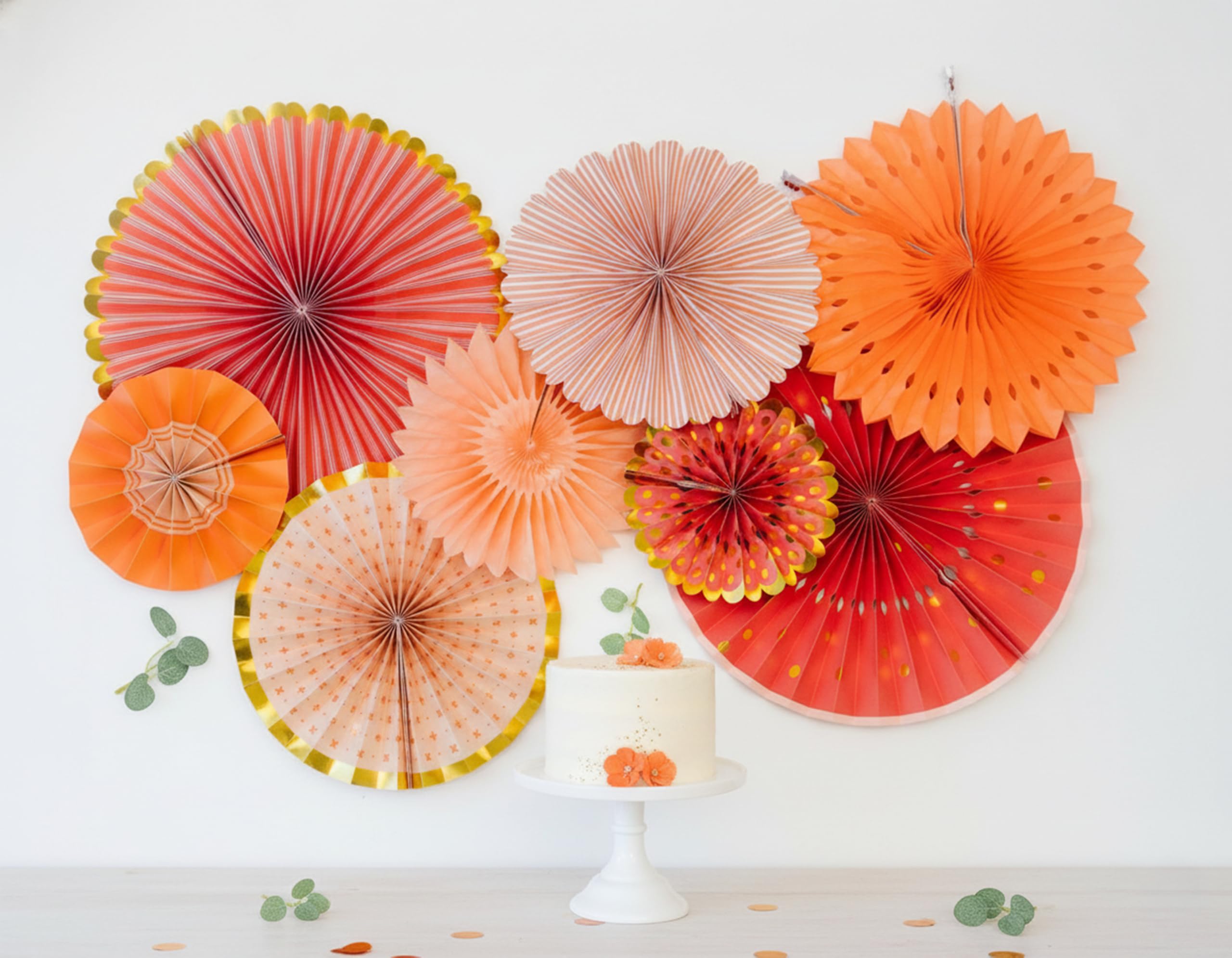 PapaKit Zestaw dekoracji ściennych origami (8 różnych okrągłych wachlarzy z papieru) przyjęcie urodzinowe, baby shower, wesele, dekoracja, kreatywny wzór artystyczny (jasny pomarańczowy kwiat z
