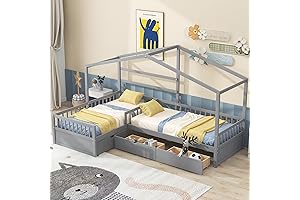 Merax House Bed for 2 Kids: Twin L-Shaped Bed with Storage