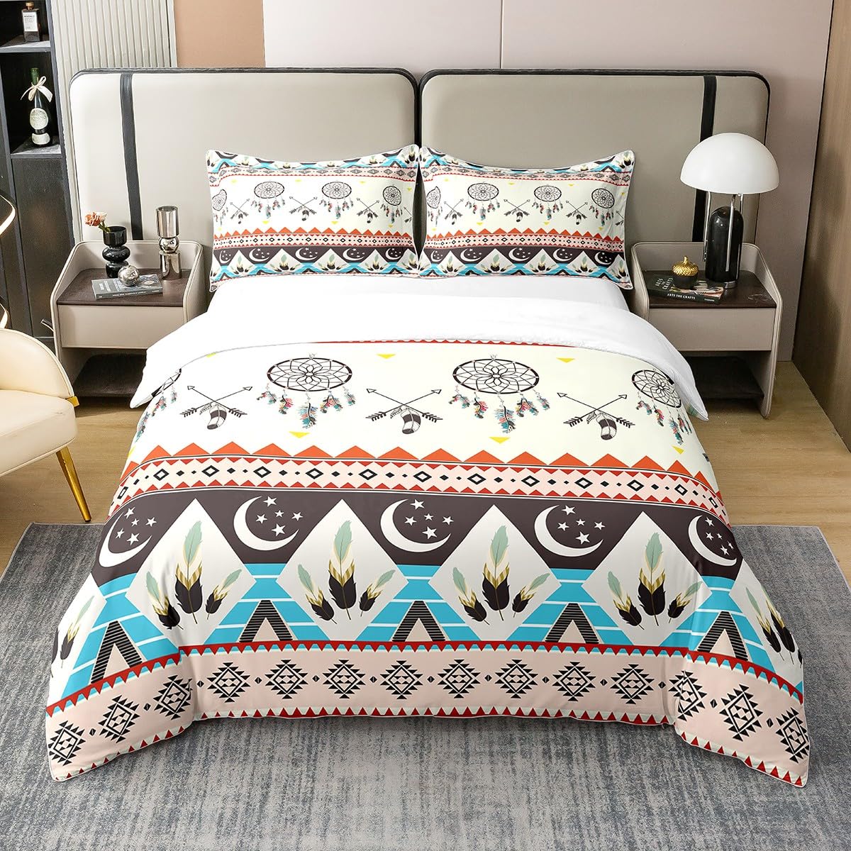 Western 100% Cotton Duvet Cover Twin, Tribal Geometric Comforter Cover for Kids Boys Girls Dreamcatcher Bedding Set American Indian Ethnic Geometri Bedspread Cover Microfiber Bedclothes Zipper