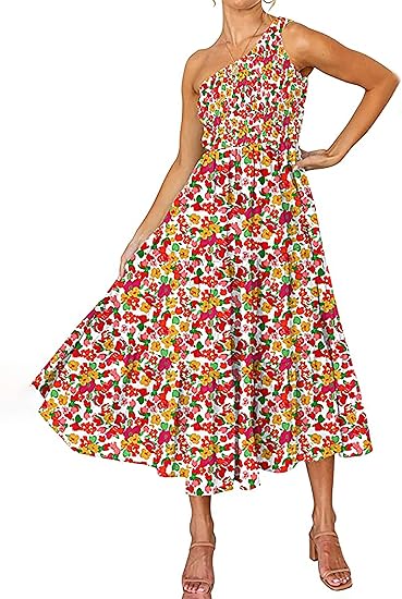 KIRUNDO Women One Shoulder Sleeveless Smocked Ruffle Tiered Boho Beach Party Long Maxi Dresses