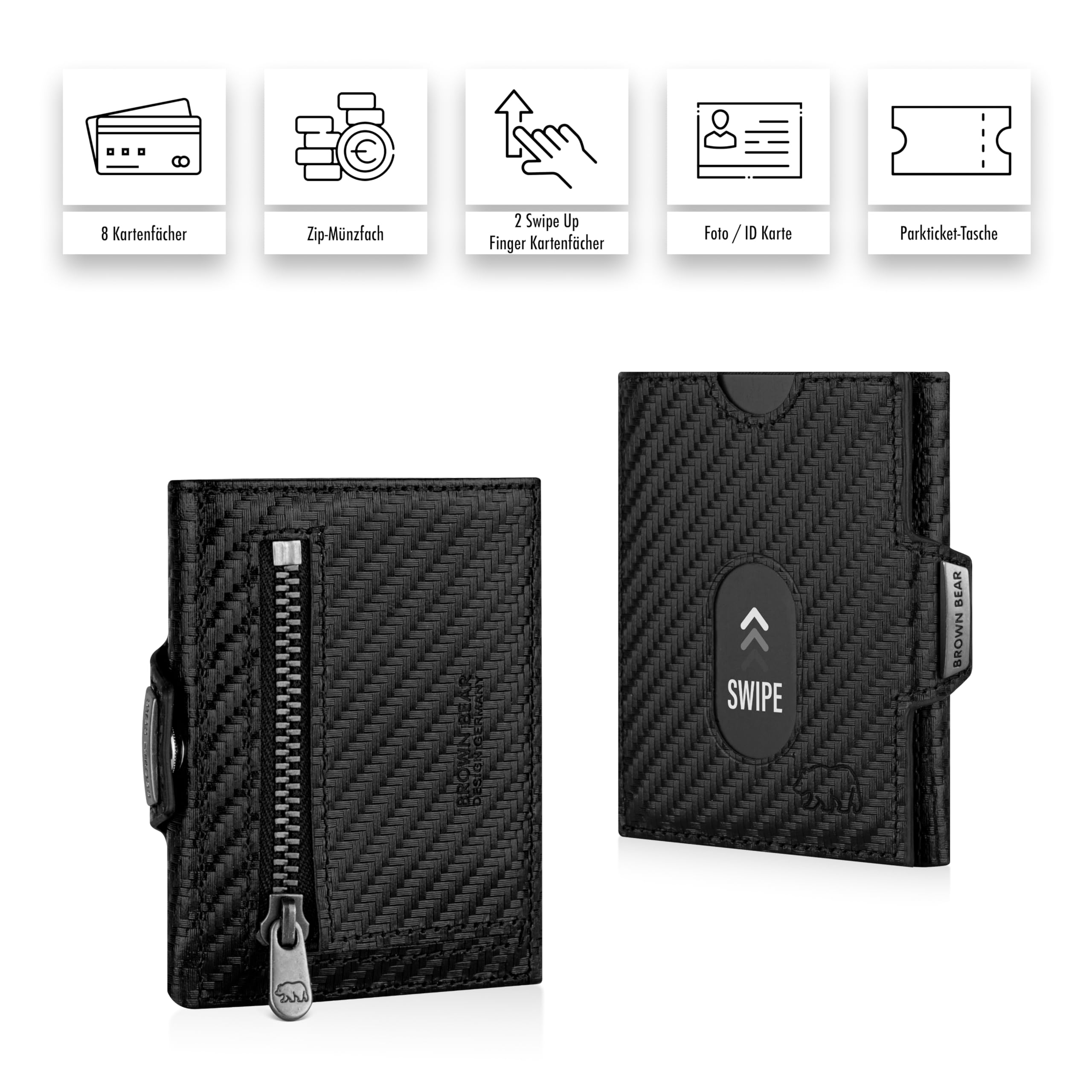 BROWN BEAR BB Jackson - Cartera pequeña con compartimento para monedas de piel auténtica, Black Carbon Jackson, 0, Minimalista