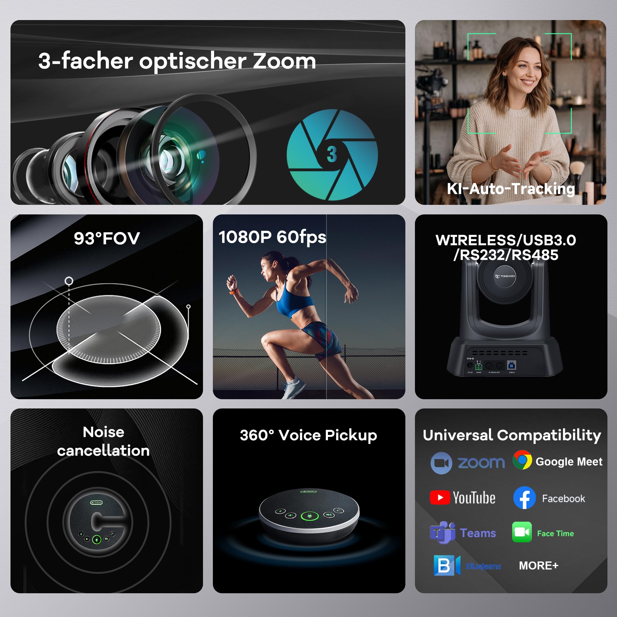 TONGVEO Système de caméra KI PTZ sans fil avec suivi automatique et récepteur, haut-parleur de conférence Bluetooth, caméra de conférence 5,8 GHz 1080p 60 fps, zoom optique 3X, pour église, zoom, OBS