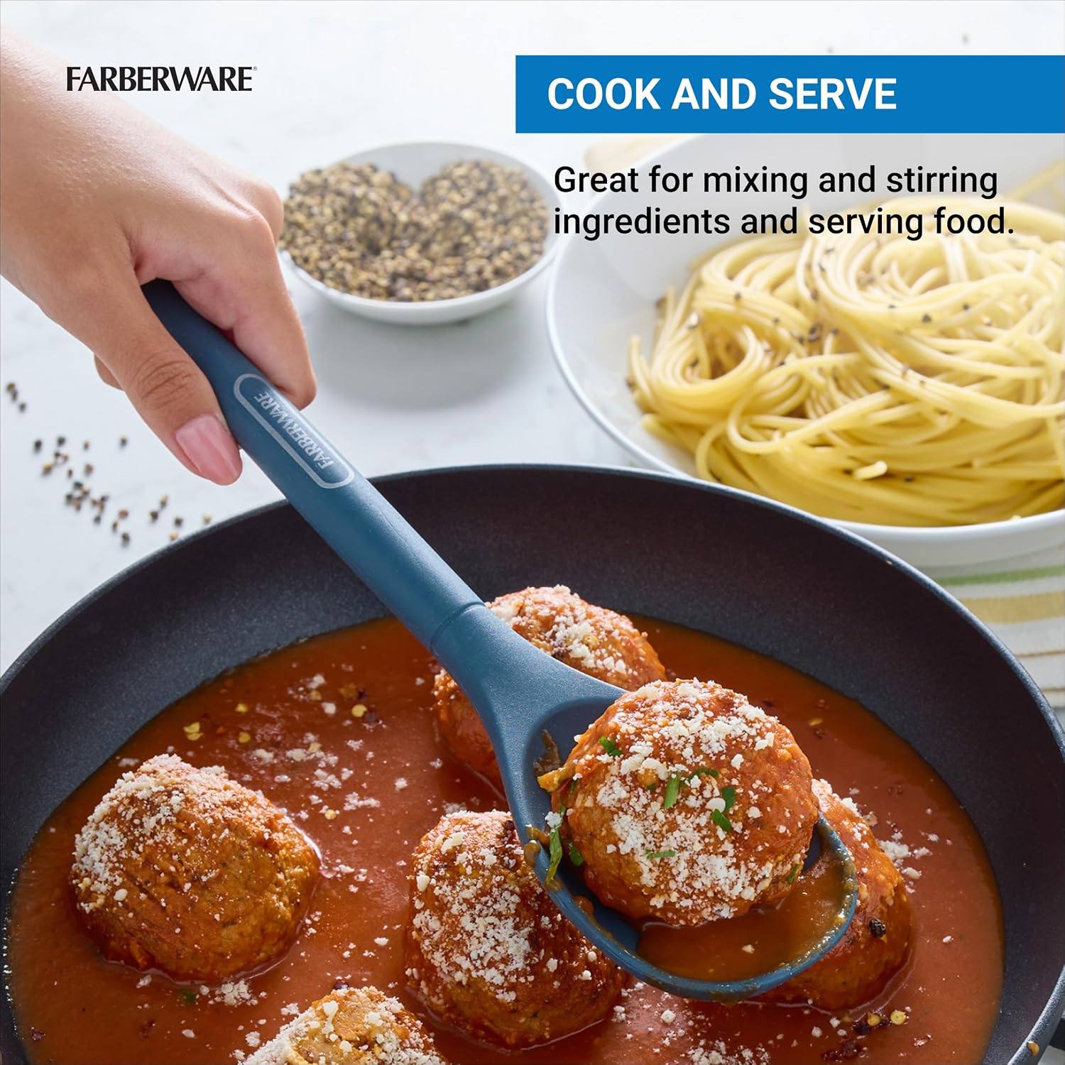 Farberware Pro Silicone Spoon, Blue - Heat Resistant Cooking and Serving Spoon for Stirring, Mixing, Basting - Dishwasher Safe, 11.5 Inches