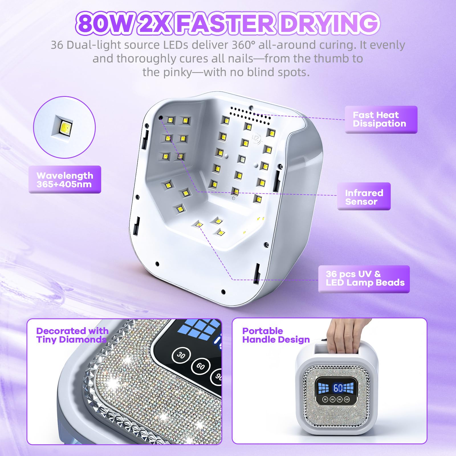 Lámpara LED UV de 80 W, secador de uñas de gel profesional con diamantes de imitación, 4 temporizadores, sensor automático, 36 cuentas LED, luz UV de curado rápido para todos los esmaltes de gel