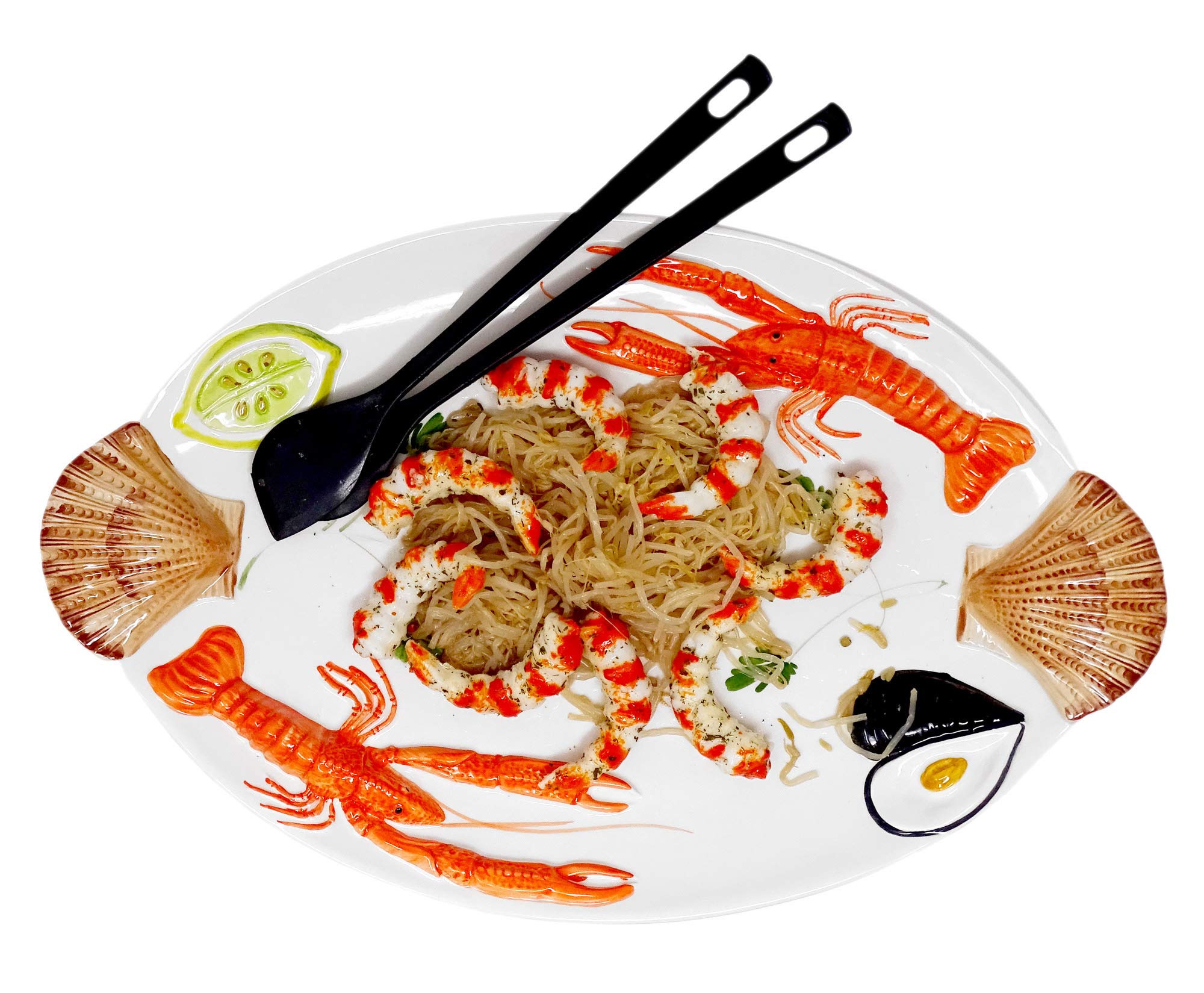 Lashuma Piatto da Portata Ovale Fatto a Mano in Ceramica Italiana a Forma di Frutti di Mare, Grande Piatto da Portata 50 x 32 cm