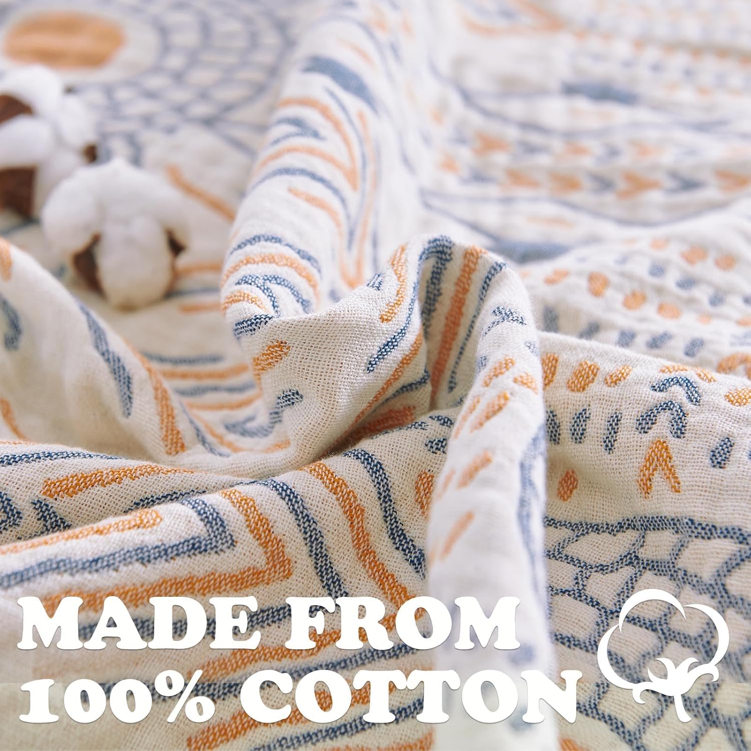 jinchan Boho 100% Cotton Muslin Queen Size 80x90 Throw Blanket Lightweight 4-Layer Orange Reversible Blanket Washable Breathable Geometric Striped Pattern Soft Comfy for Couch Bed Decor All Seasons - Image 3