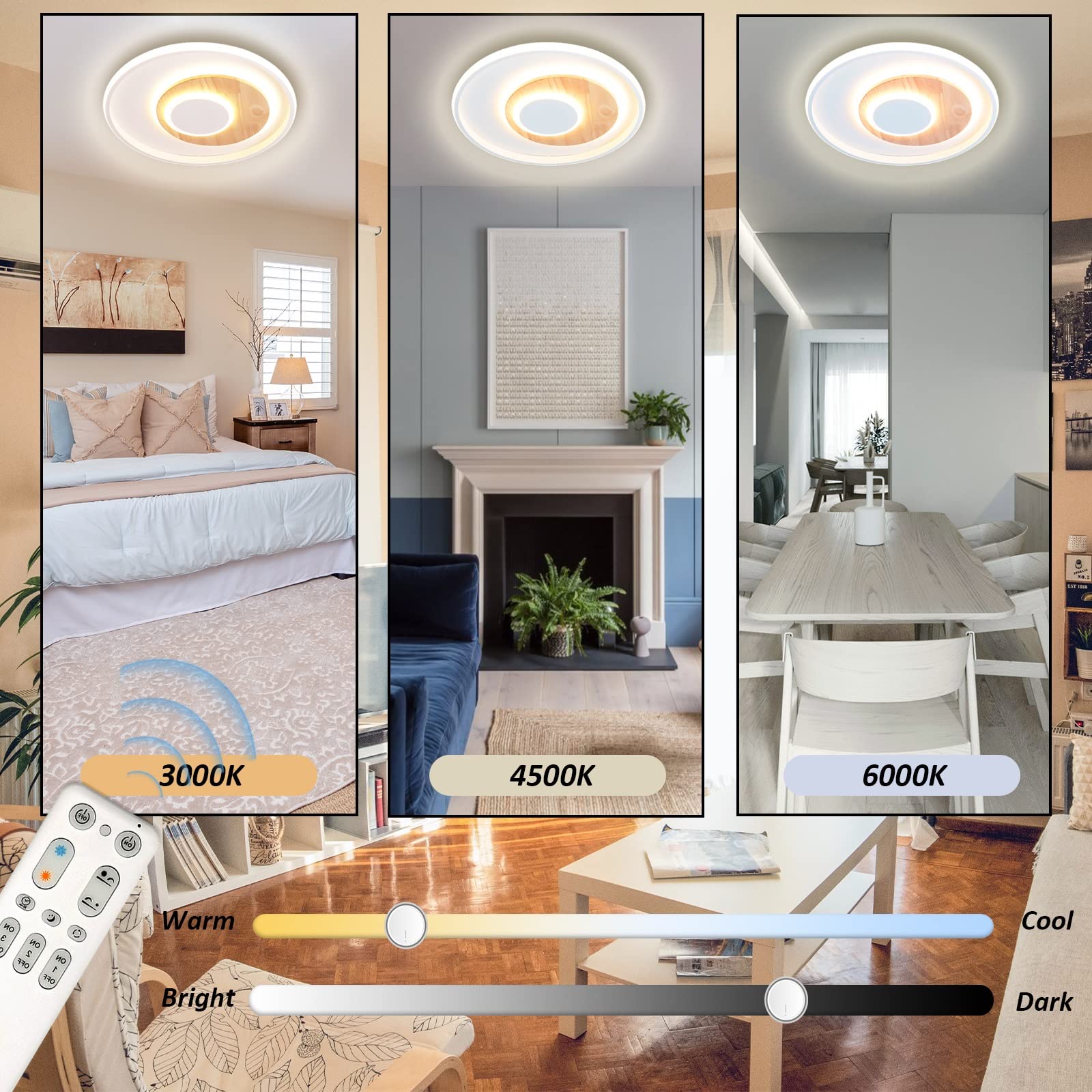 LED Deckenleuchte, Deckenlampe mit Holz, Deckenlampen Dimmbar mit Fernbedienung, Moderne Runde Holz Deckenlampe für Schlafzimmer Kinderzimmer Wohnzimmer Küche, 24W 2400LM Φ40cm