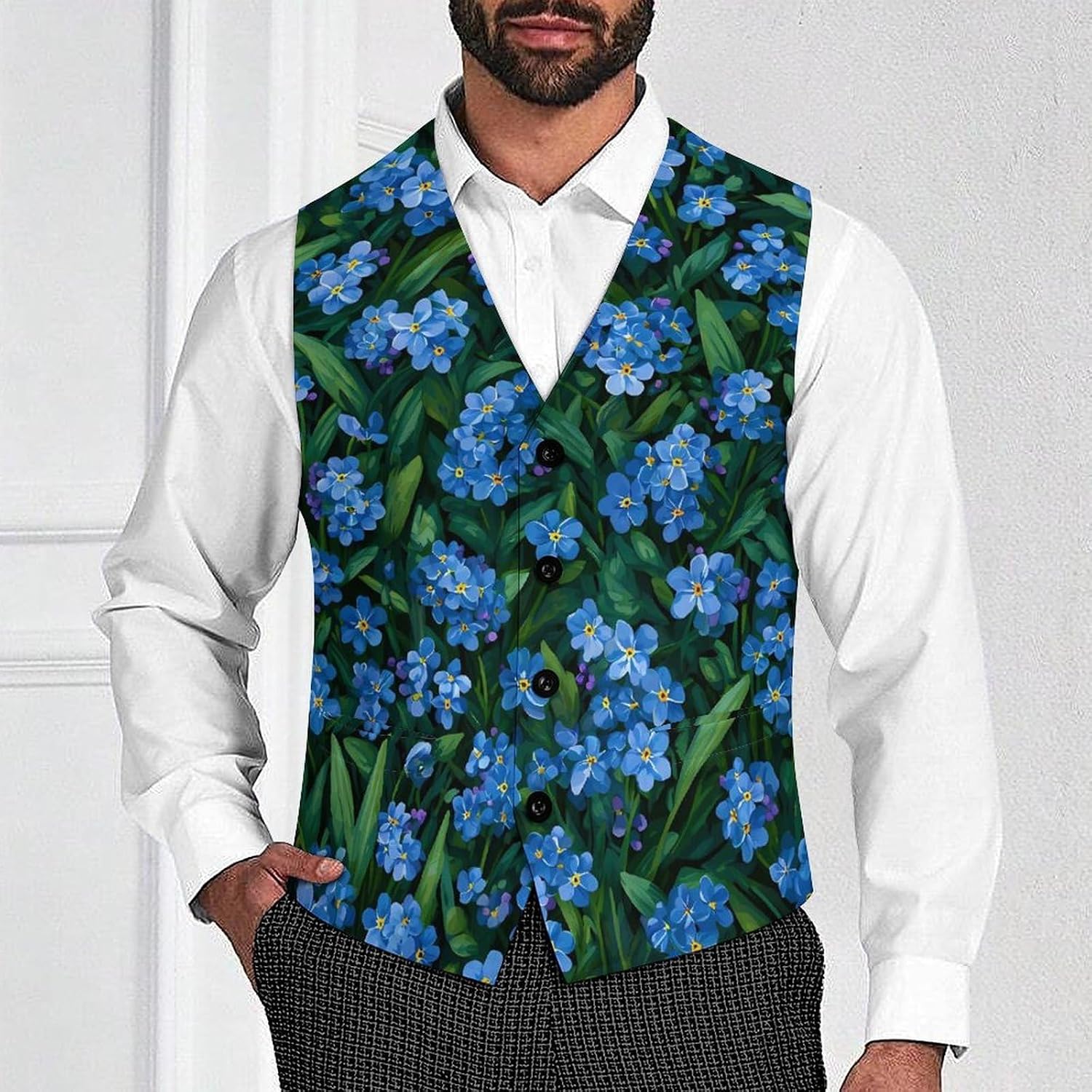 Floral Forget-Me-Nots Green Grass Men's Suit Vest Business Tuxedo Dress Vests Waistcoat Wedding Party