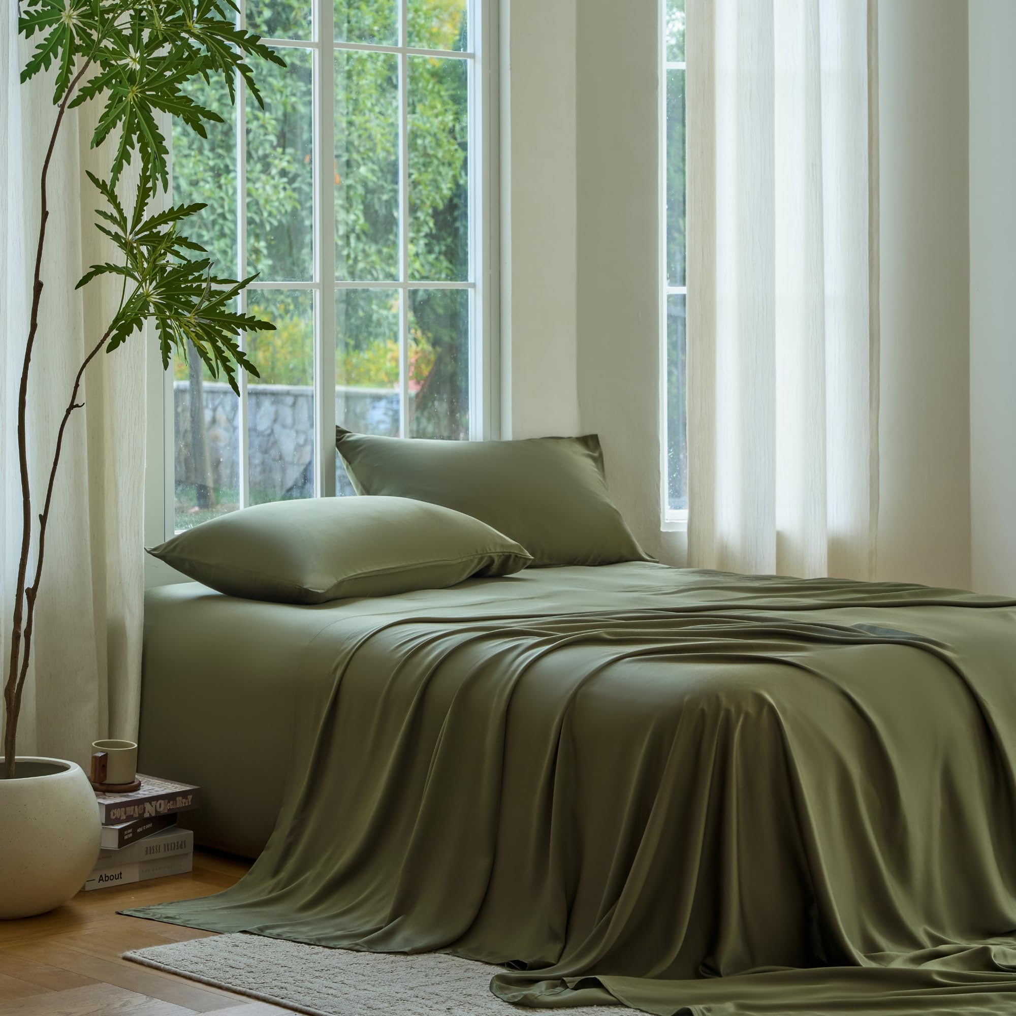 Photo 1 of DOZ Sheet Set, 100% Viscose derived from Bamboo, Organically Grown, Buttery Soft, Cooling Sheets, High GSM, Deep Pockets - 3 Piece - 2 Pillowcases 1 Fitted Sheet (Olive, King)