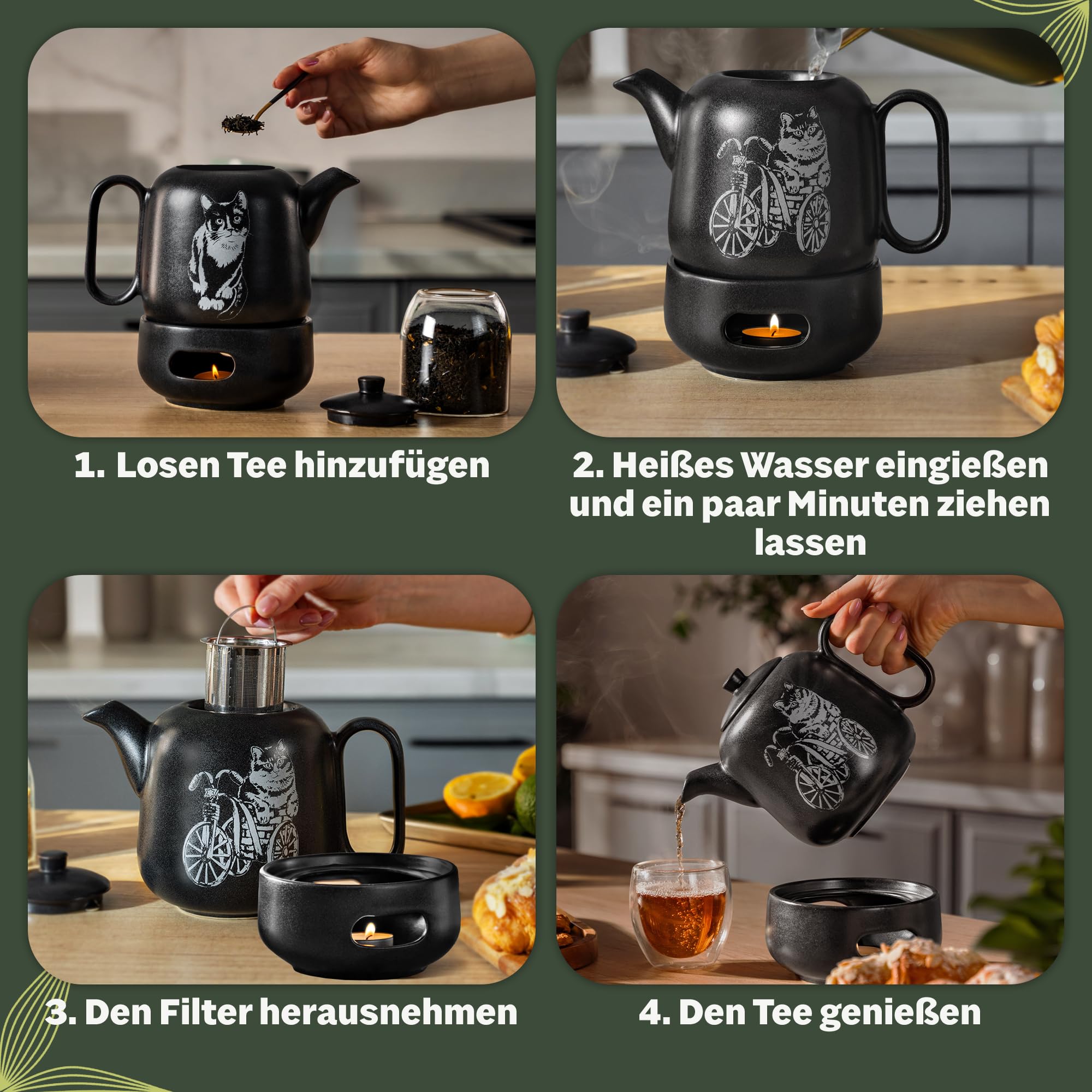 YC Yang Chai Teekanne mit Stövchen - Keramik Schwarz Matt 1.3L - Teekanne mit Siebeinsatz - Tropffrei & Hitzebeständig - Handgefertigte Keramik Tee Kanne - langanhaltende Wärme - YC GATOLO