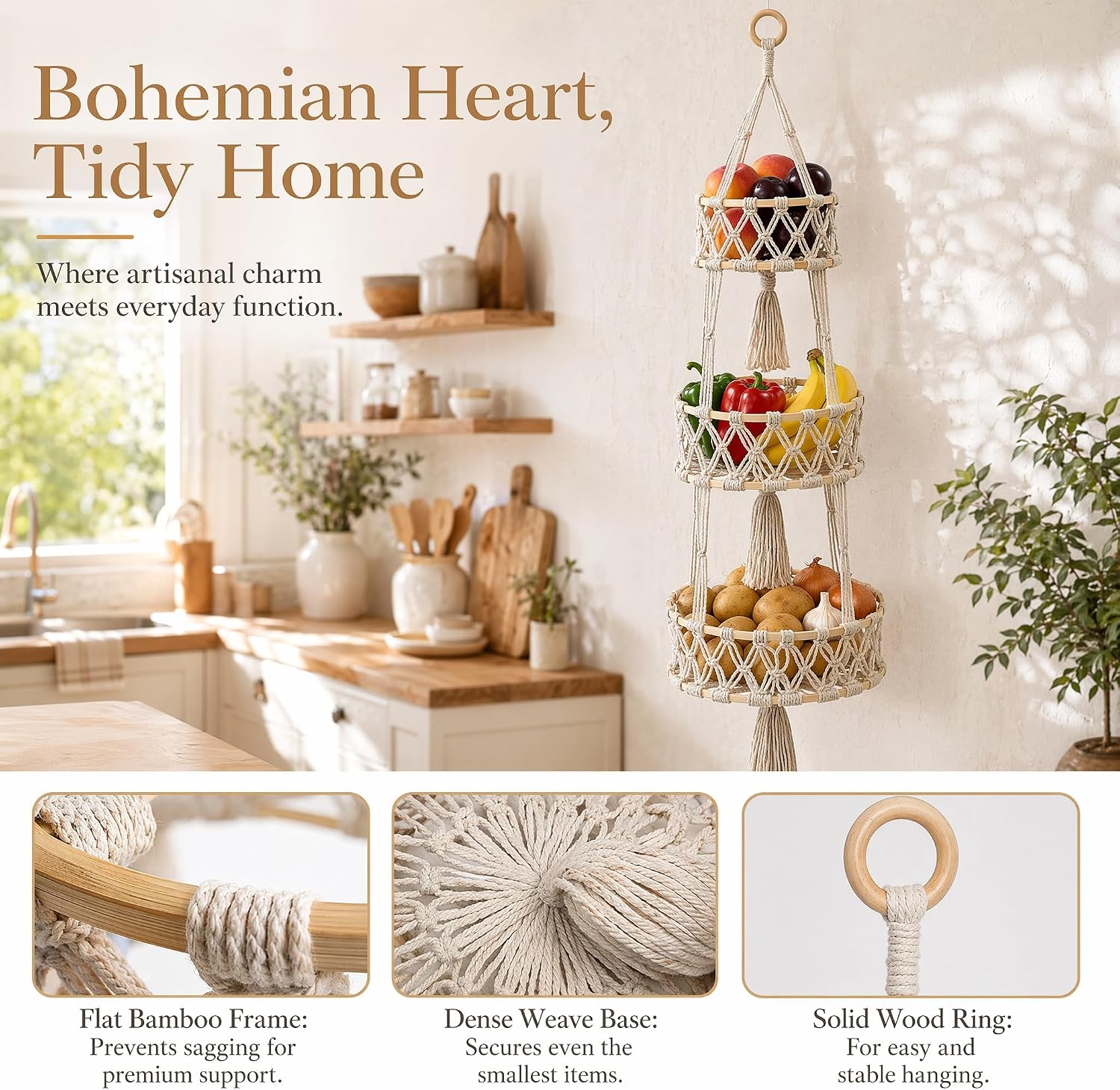 Macrame Hanging Fruit Basket, 3-Tier Boho Kitchen Storage (Khaki)