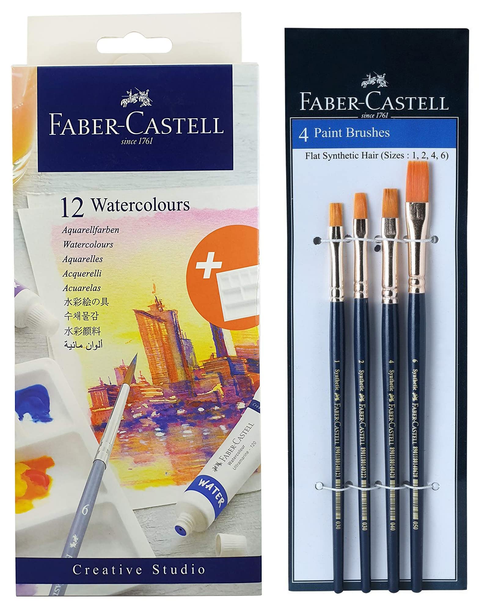 Faber-Castell Creative Studio Watercolours 9 ml Set of 12 Synthetic Hair Flat Assorted Paint Brush, Set of 4