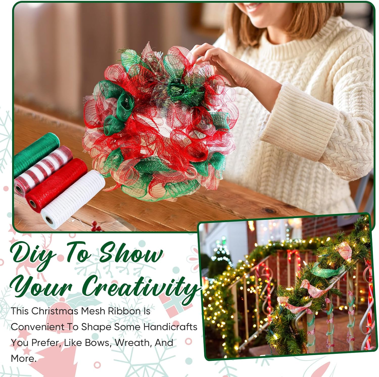 Funtery 4 Rolls 40 Yard Christmas Deco Mesh Decorative Mesh Ribbon Roll with Chenille Stem and Clear Zip Ties for Wedding Valentine Bouquet Wreath Xmas Tree Garland Swag Craft(Novelty Colors)