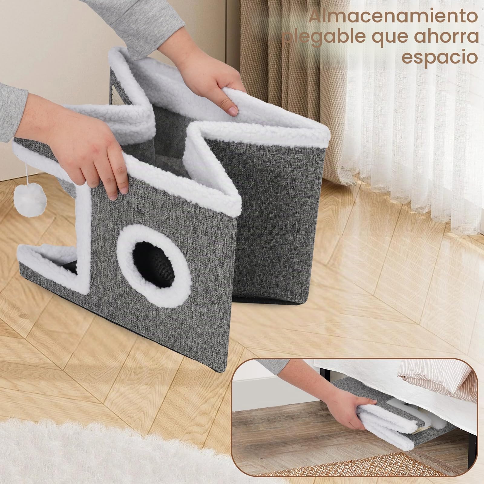 Casa Plegable para Gatos,40 x 40 x 31cm Casa para Gatos para Interiores,Capas para Gatos Pequeños y Medianos,con Celota de Peluche, Rascador para Gatos y Agujero para Gatos
