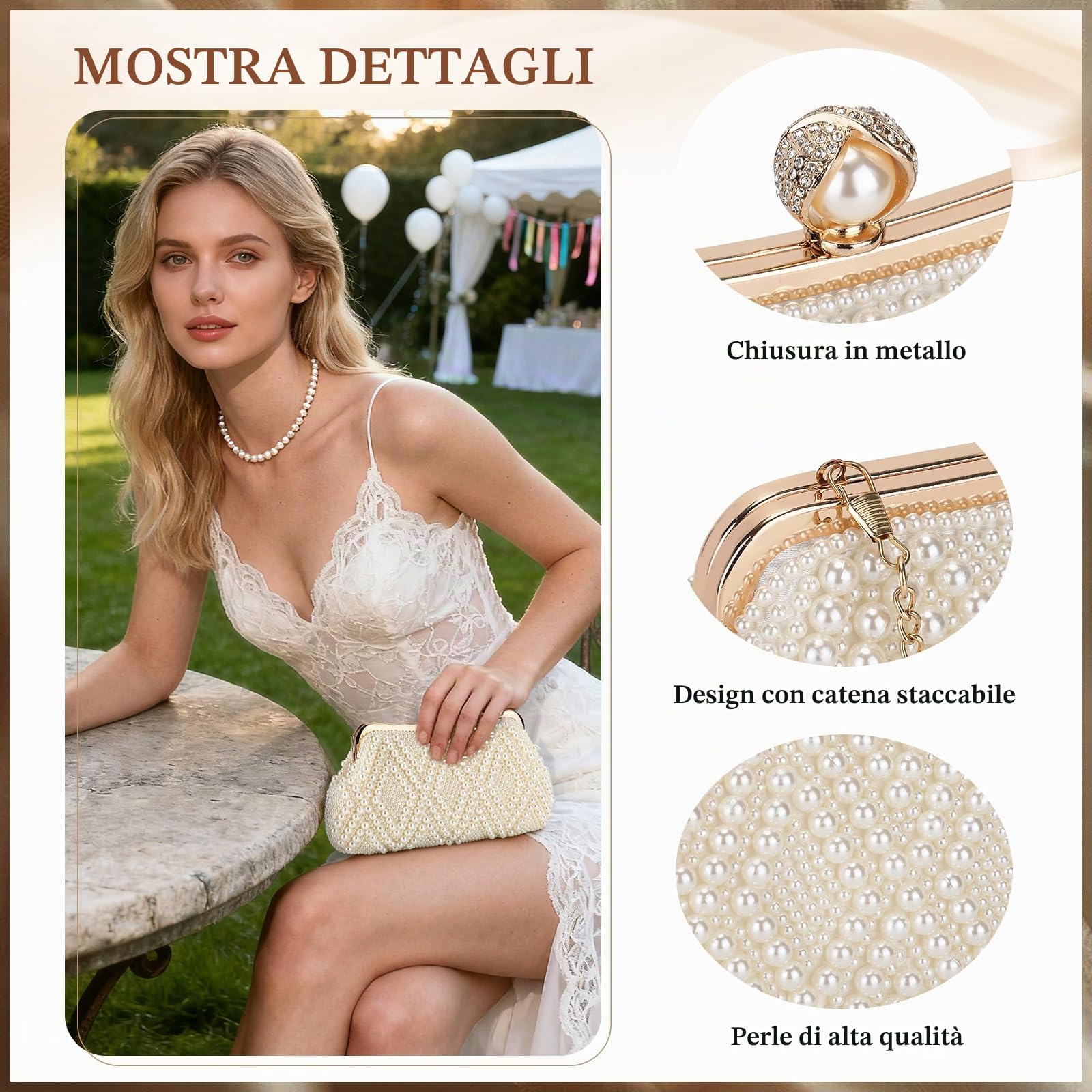 BAIGIO Pochette Donna Elegante, Clutch Donna Cerimonia, Borsetta da Sera, Borsa a Tracolla Catena, Borsa Piccola in Perla per Matrimonio Party Sposa Cocktail Festa, Nero/Bianco