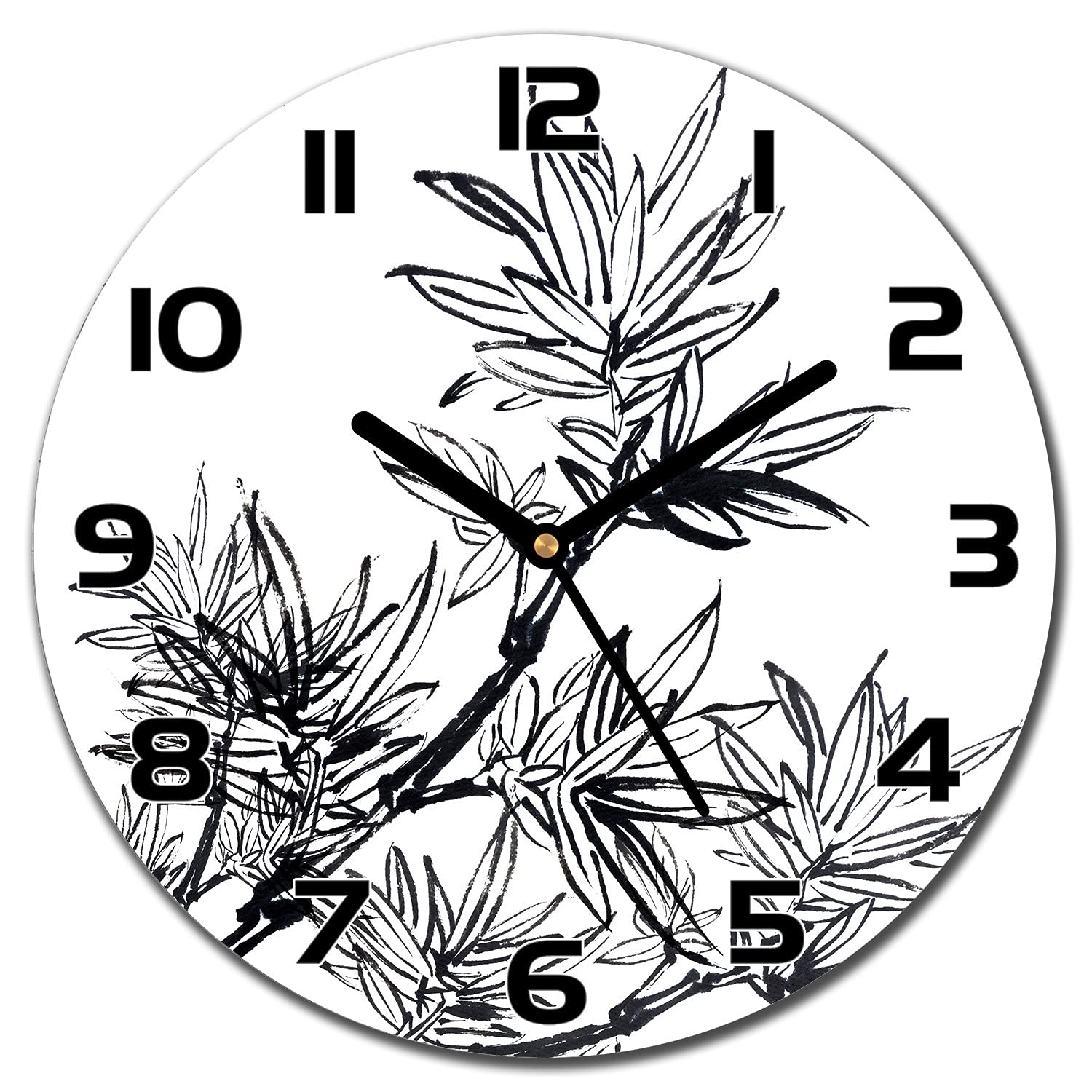 Horloge murale en verre 30 cm aiguilles noires motif végétal bambou zen pour salon moderne