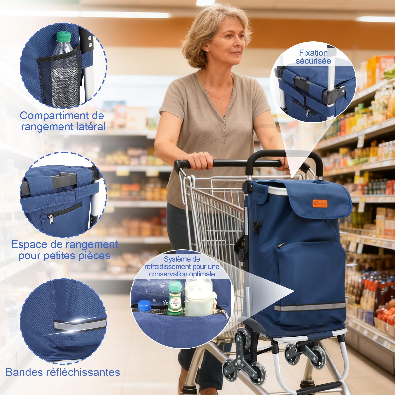 Sekey Chariot de Courses 3 Roues Monte Escalier Pliable 3 en 1, Caddie Isotherme avec Sac Amovible, Diable et Trolley, Grande Capacité, Léger et Solide, Idéal Courses et Seniors – Bleu