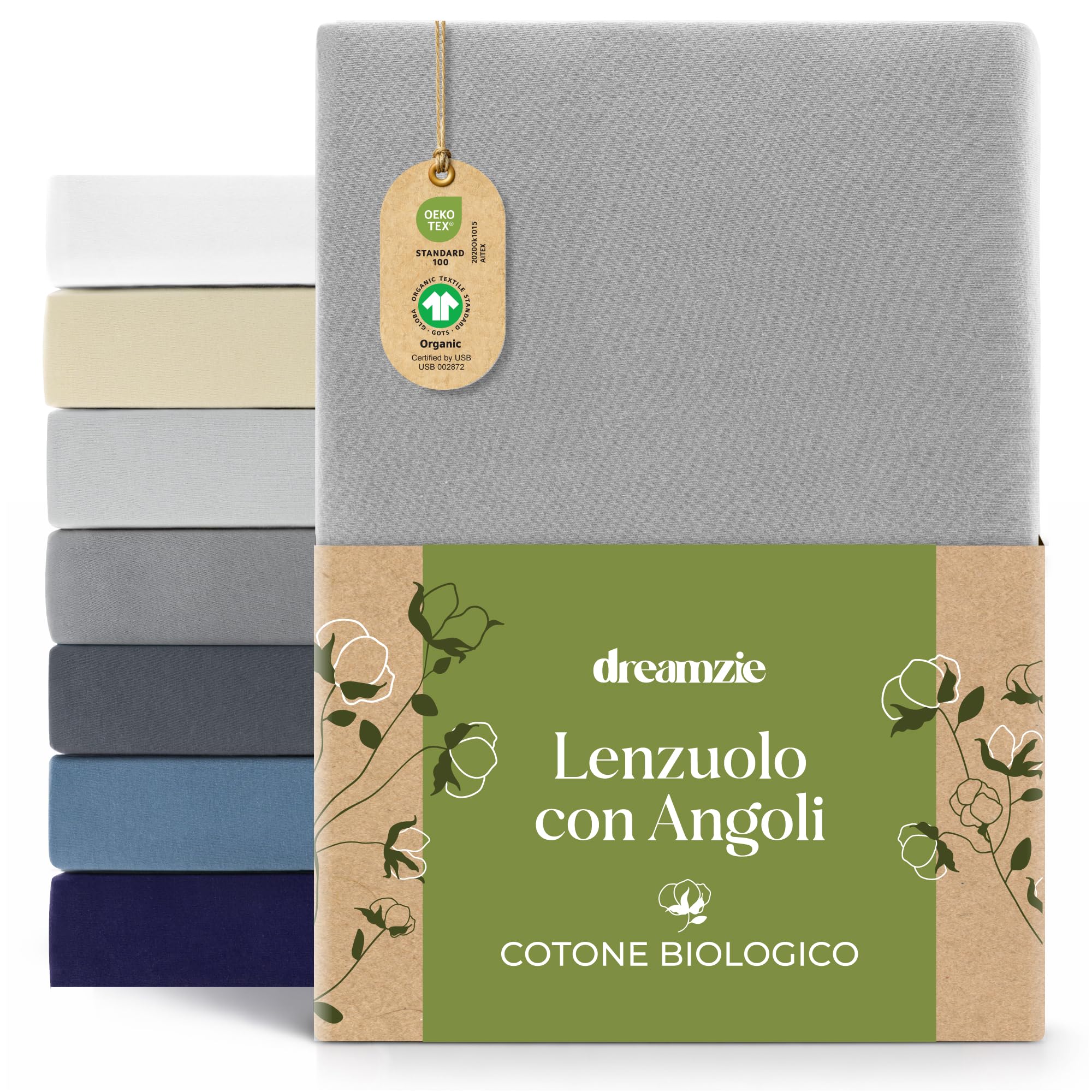 Dreamzie Fitted Sheet 180 x 200 cm – 200 x 200 cm, Jersey 100% Organic Cotton, Mattress Height up to 32 cm, Hypoallergenic, Oeko-Tex Grey, Grey