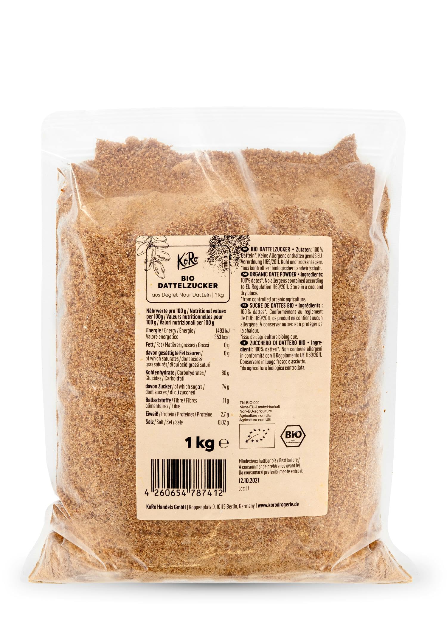 KoRo - Bio Dattelzucker 1 kg - 100% Datteln der Sorte Deglet Nour - Ohne jegliche Zusätze