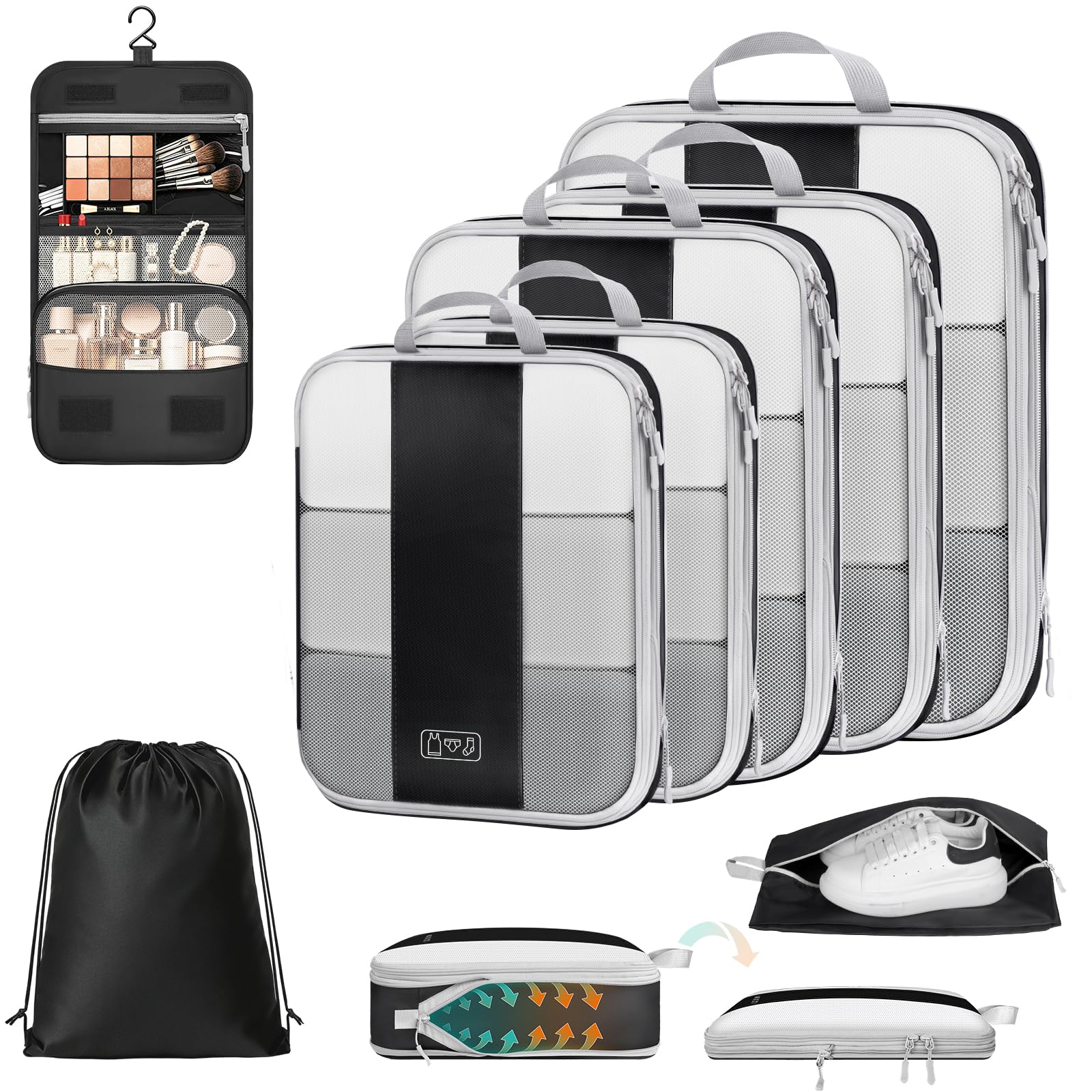 Organisateur Valise 8 Pièces – Sac de Compression Voyage en Polyester Premium, Cubes de Rangement Compressibles avec Sac de Toilette Suspendu, Sac à Chaussures et Sac à Linge, Accessoires Voyage