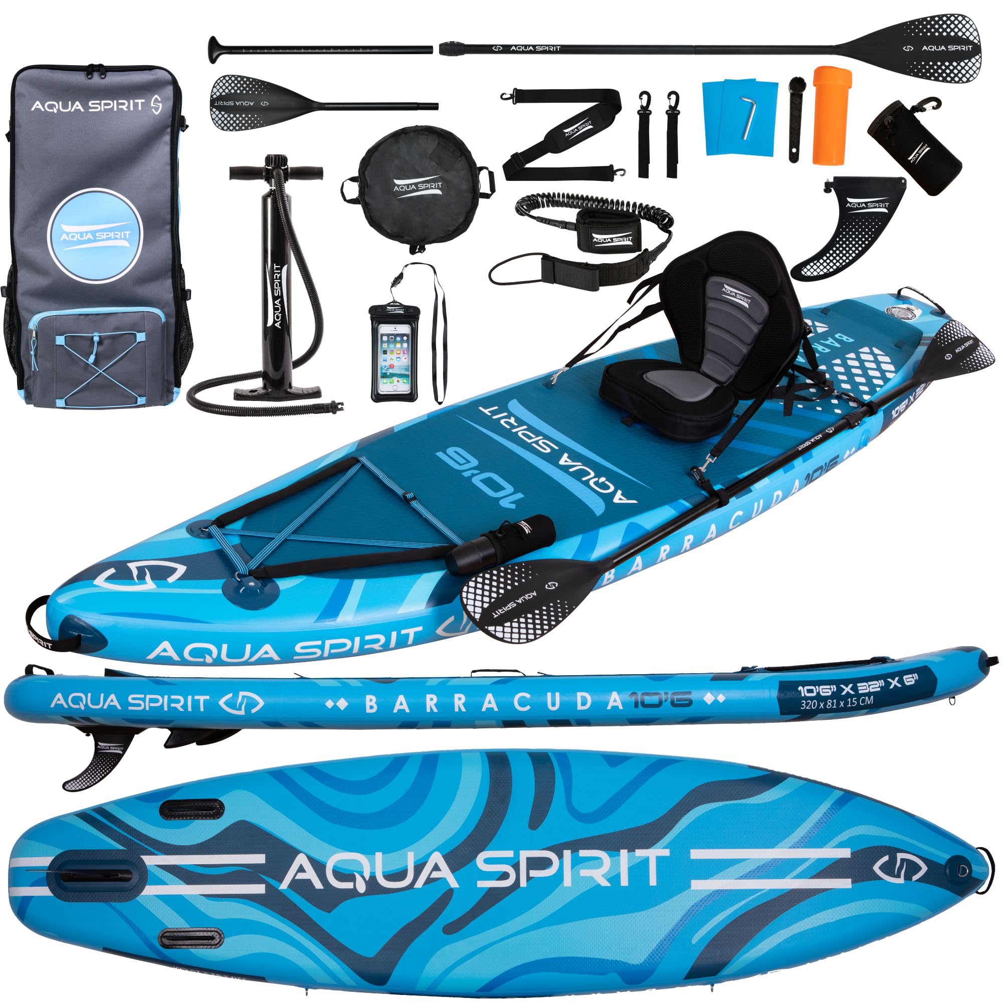 Aqua Spirit Barracuda Sup Tabla de Paddle Hinchable 2024 | 320x81x15cm | Kit de Conversión Completo a Kayak con Remo Adjustable, Mochila, Bomba y Más Accesorios | Garantía de 2 Años
