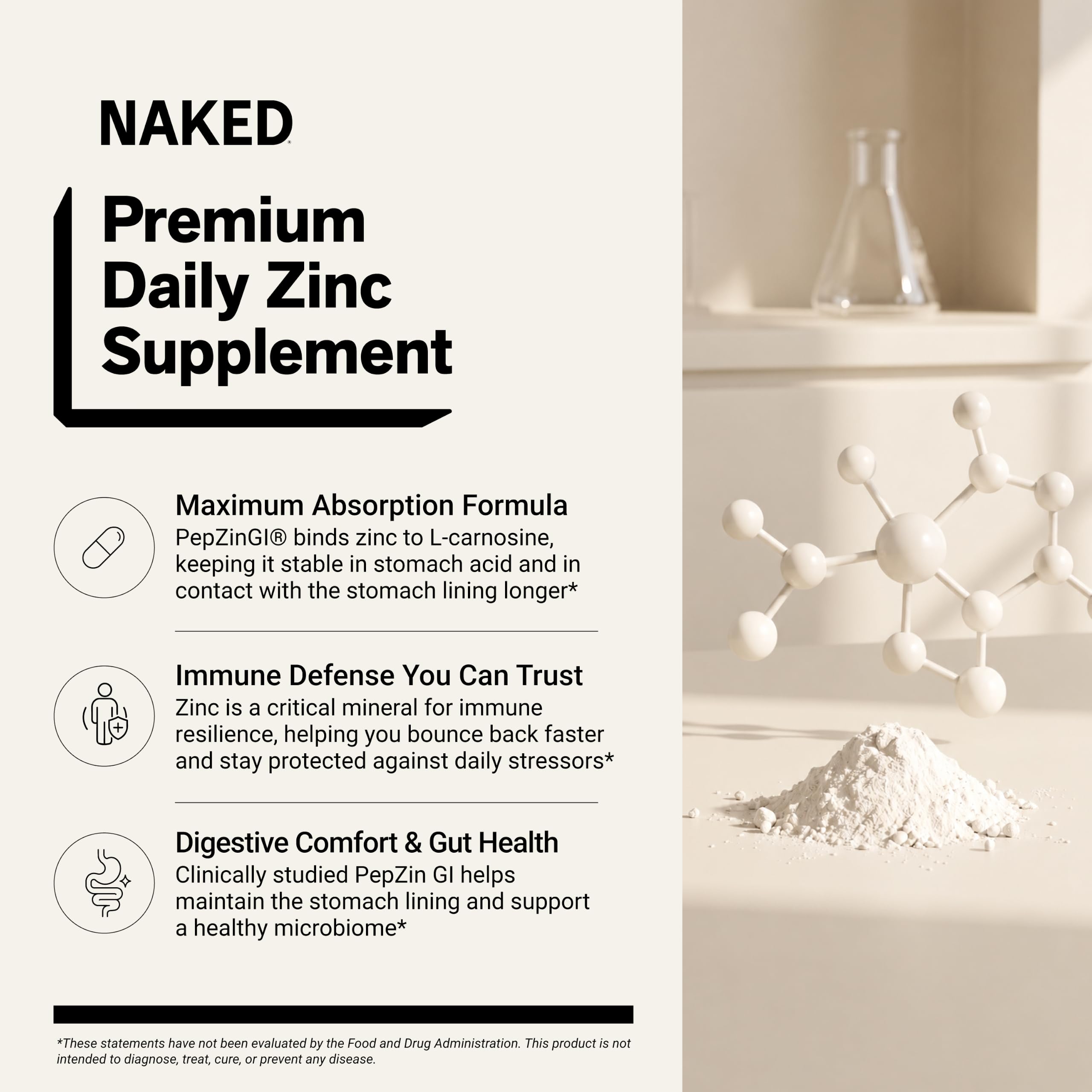 Naked Zinc Carnosine - Gut Lining, Immune Function and Stomach Support Supplement, Vegan, Gluten-Free, 17mg - 60 Capsules — Amazon image 2
