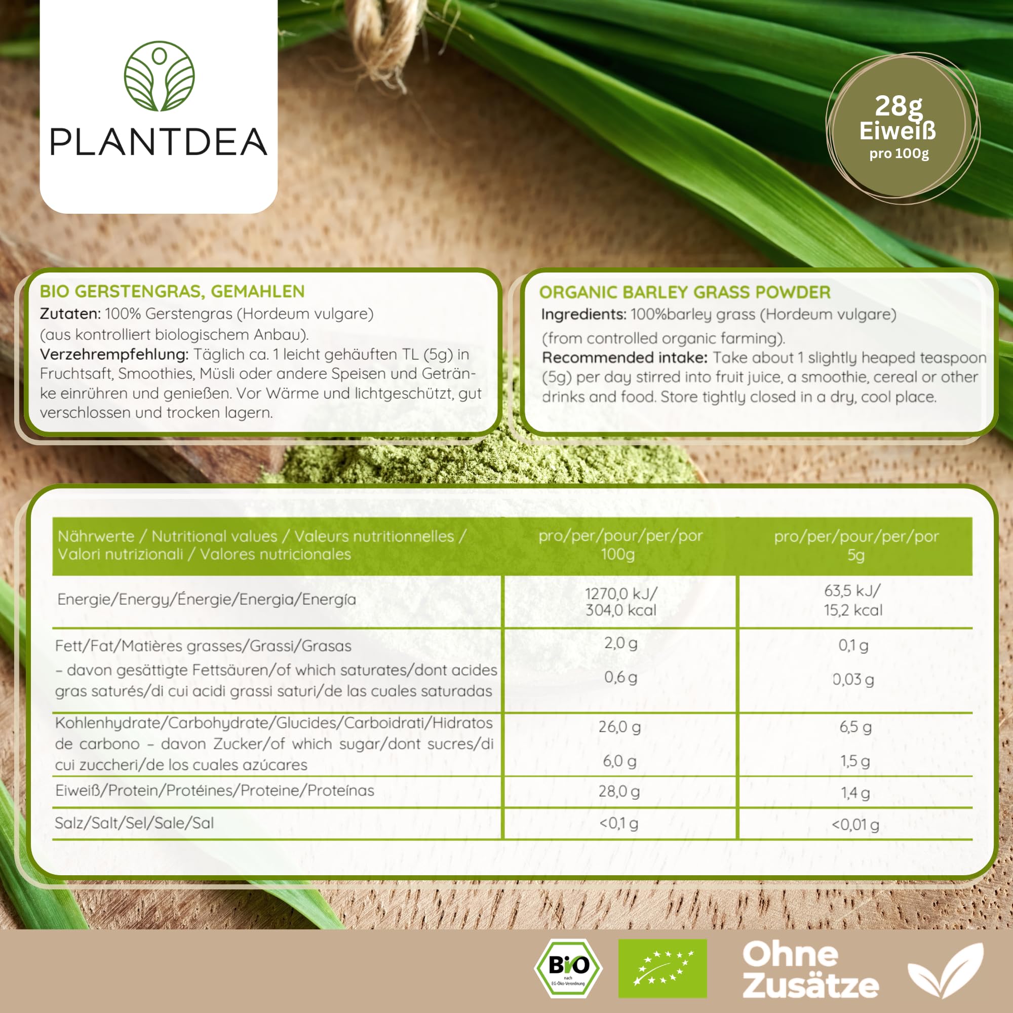 PlantDEA Bio Gerstengraspulver 1 kg – junges Gerstengras, fein vermahlen, vegan & glutenfrei – ideal für Smoothies, Säfte & Shakes – Rohkostqualität – ohne Zusätze