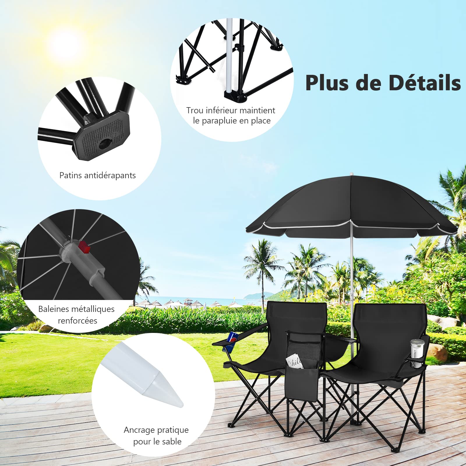 COSTWAY Chaise de Camping Pliante, Fauteuil de Jardin 2 Places avec Glacière, Porte-gobelet, Parasol, Sac,152x52x85CM, Charge Max 113 KG, pour Randonnée, Plage, Pêche (Noir, 2 Places)