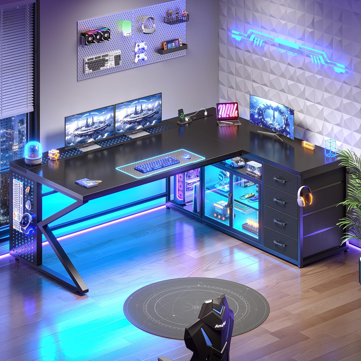  63"x27.6" L Shaped Gaming Desk with 4 Drawers Storage, Black thumbnail