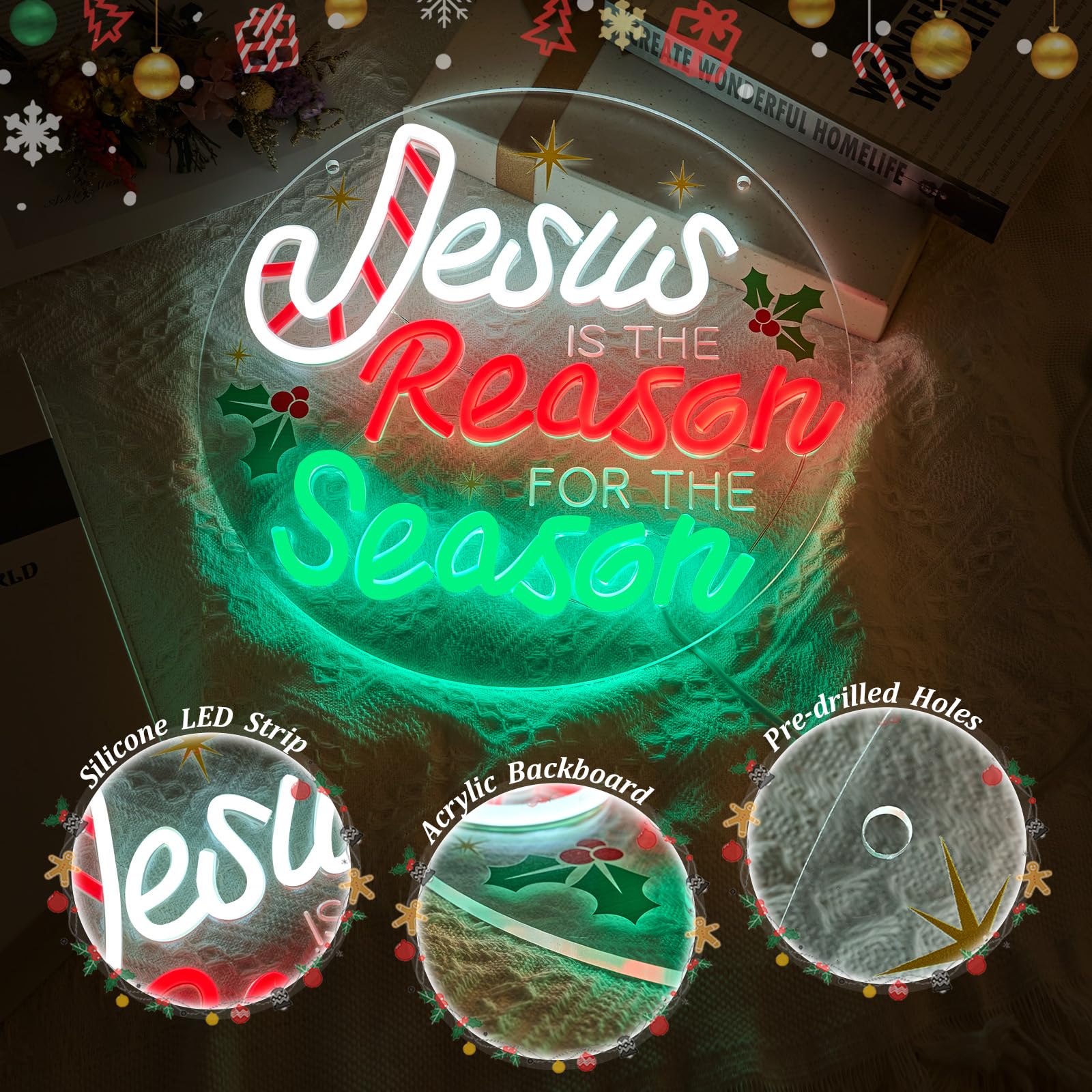 Letrero de neón con texto en inglés "Jesus Is the Reason for the Season" - Letrero de neón cristiano de Navidad, decoración de pared, Jesús es la razón, letrero LED acrílico para pared