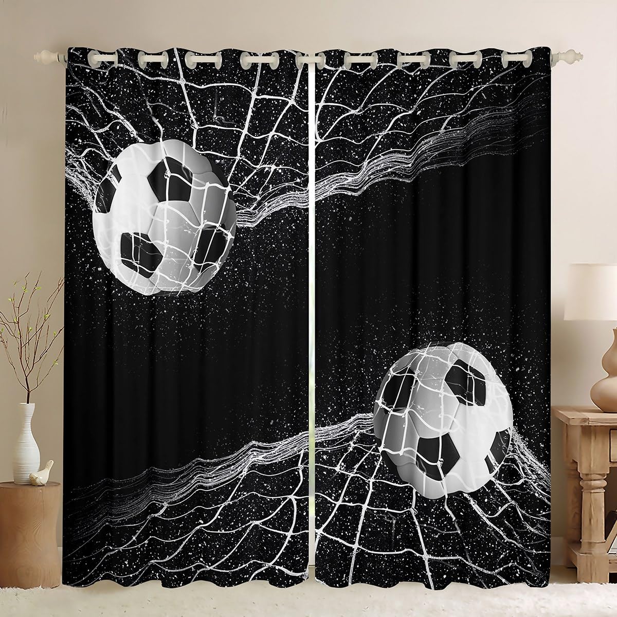 Erosebridal Football Curtains Kids Boys Soccer Pattern Window Curtain Panels, Sports Games Theme Window Drapes for Children Teens Adult Men Black White Window Treatment Set Decorative Room 104