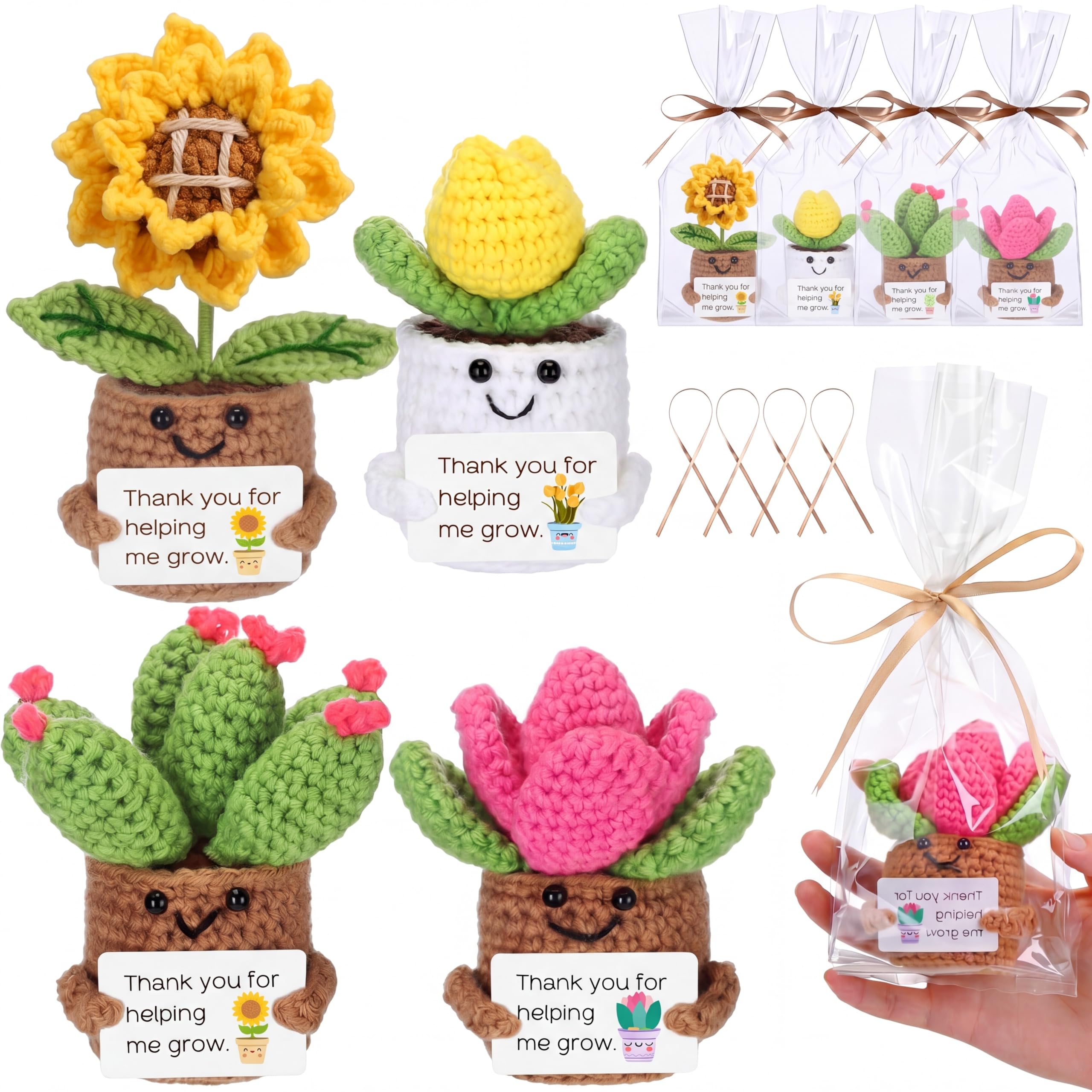Leinuosen 4 Pcs Teacher Thank You for Helping Me Grow Gifts Positive Knit Pot Crochet Sunflower Thank You Handmade Gift with Ribbon Bag for Teacher