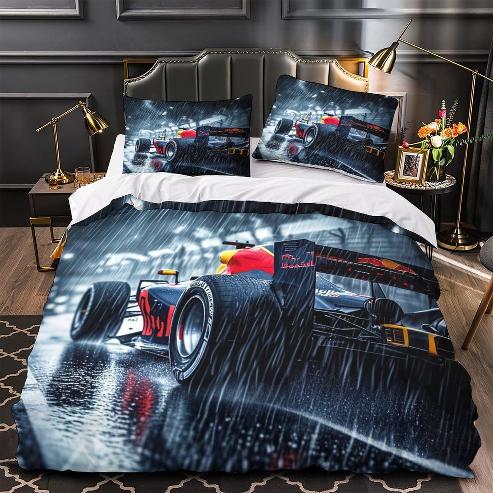 DAFUfbw 3D Formulaa Racing Duvet Cover With Hidden Zipper, Racing Car Quilt Cover with Pillowcases, Formulaa Racing Bedding Set Soft Microfiber Double（200x200cm）