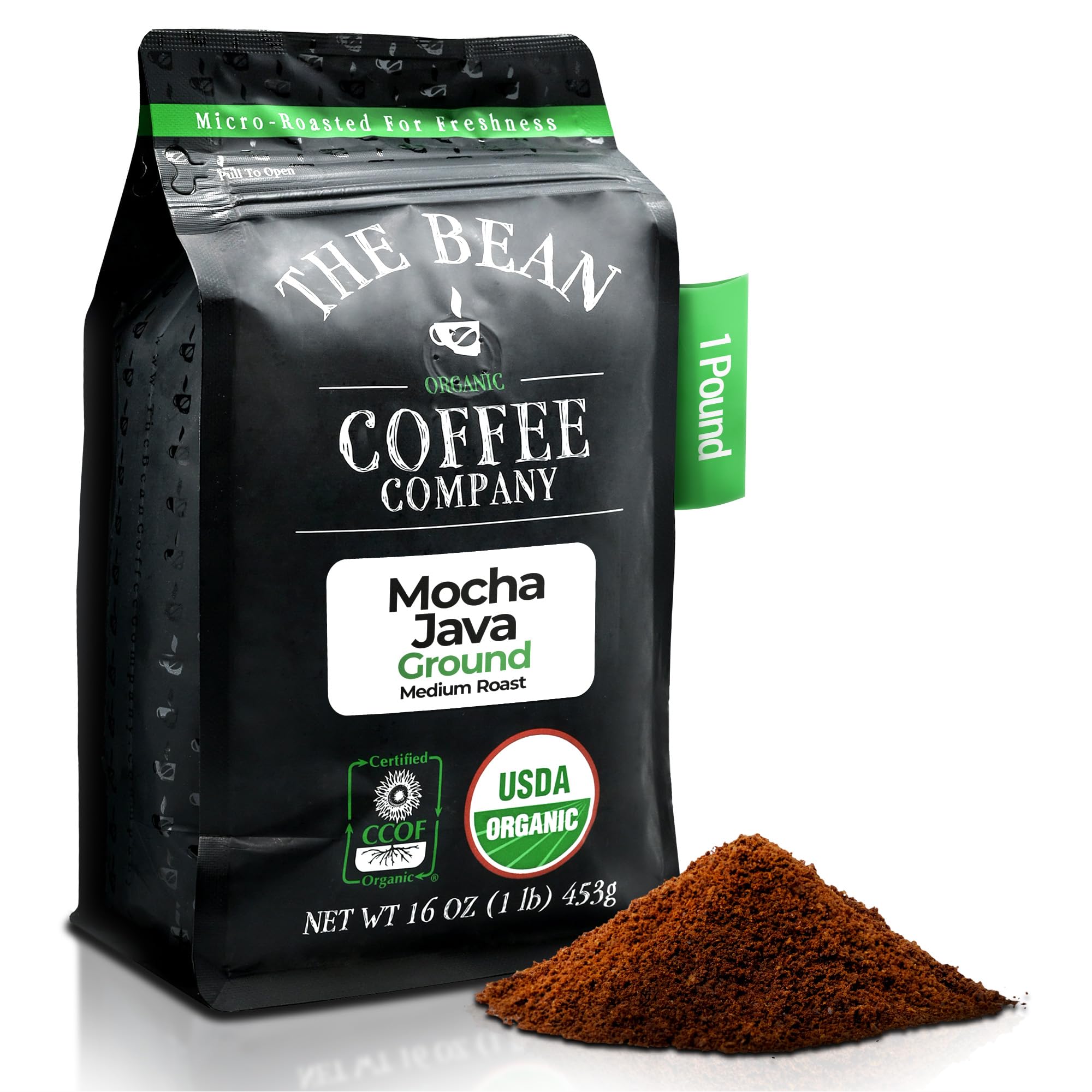 The Bean Organic Coffee Company Mocha Java, Medium Roast, Ground Coffee, 16-Ounce Bag,Café molido tostado organicoUSDA Organic
