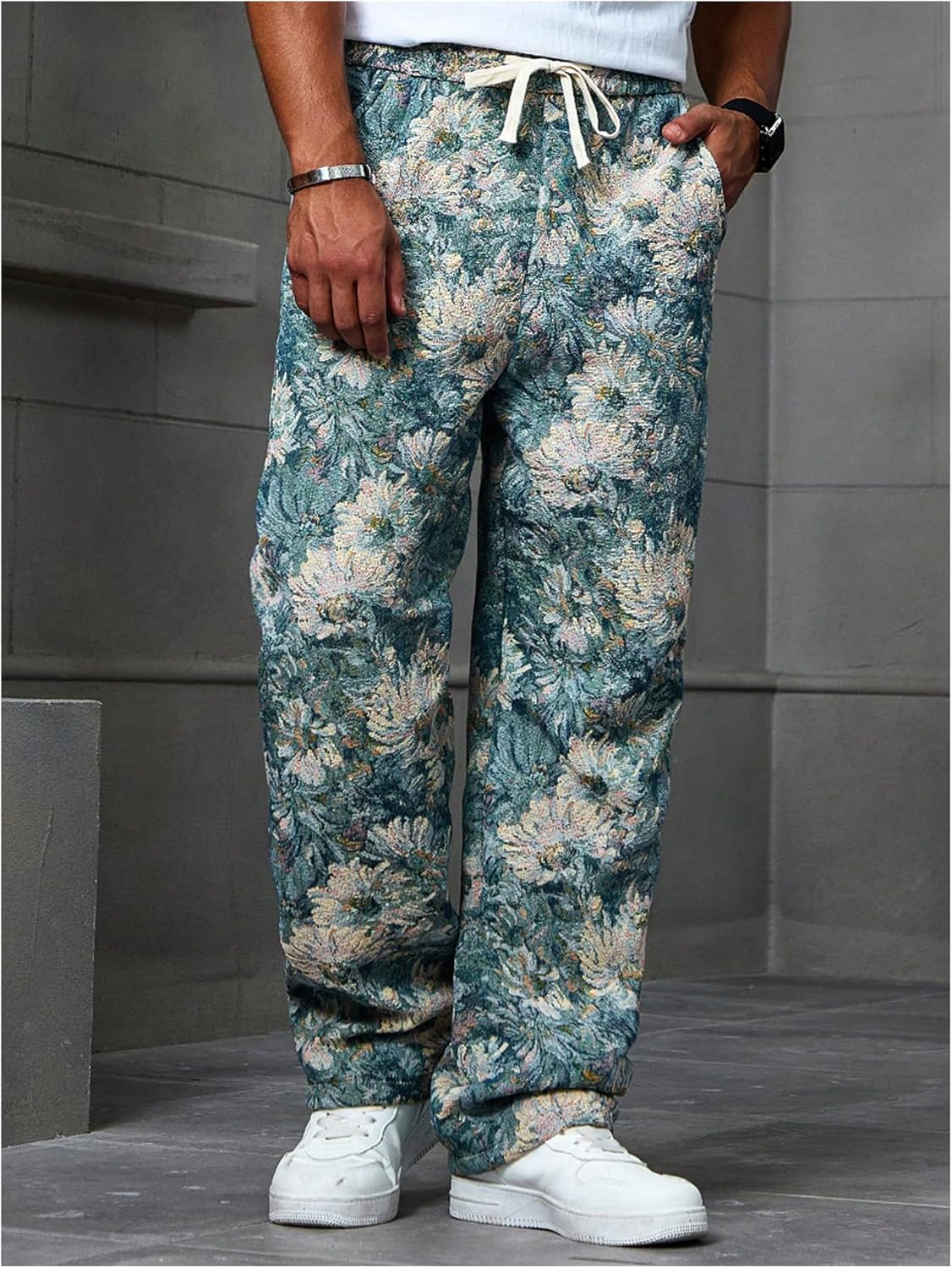 Men's Floral Jacquard Baggy Pants Retro Drawstring Waist Straight Leg Trousers with Pockets - Image 3