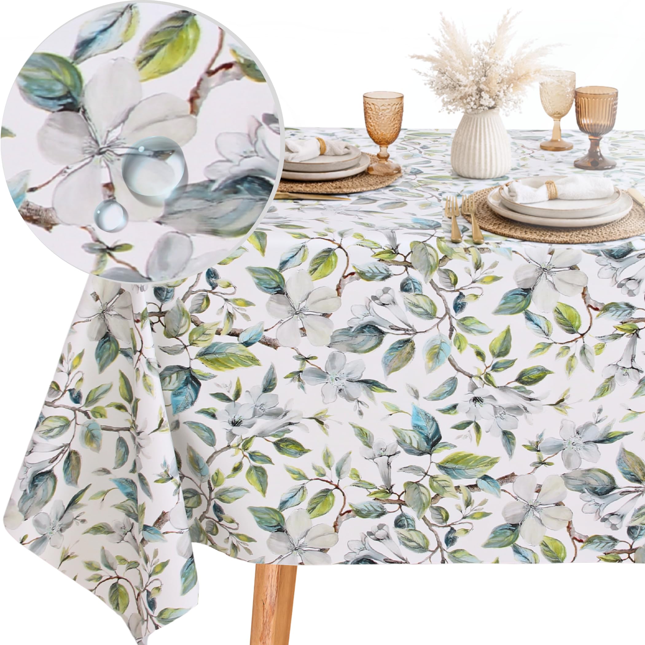 KP HOME Premium Green Leaves Wipe Clean Tablecloth – Rectangular 250 x 140 cm Waterproof PVC Table Cloth – Summer Plastic Table Cover – Wipeable Vinyl Oilcloth for Kitchen & Outdoor