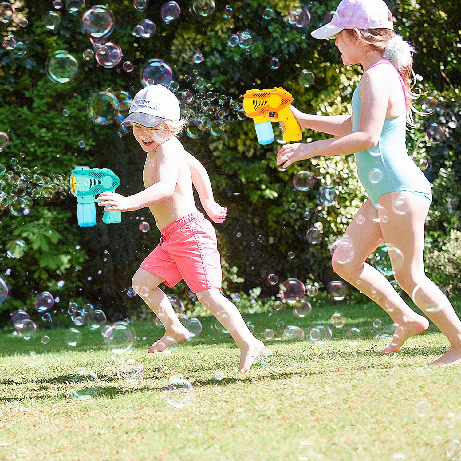 2 Pack Rich Bubble Guns Bubble Machine Blaster with Music, 2 Mode Outdoor Easter Toys Bubble Blower Maker with 4 Refill Solution, Kids Toddler Summer Toys Easter Party Favor Birthday Gifts Boy Girl