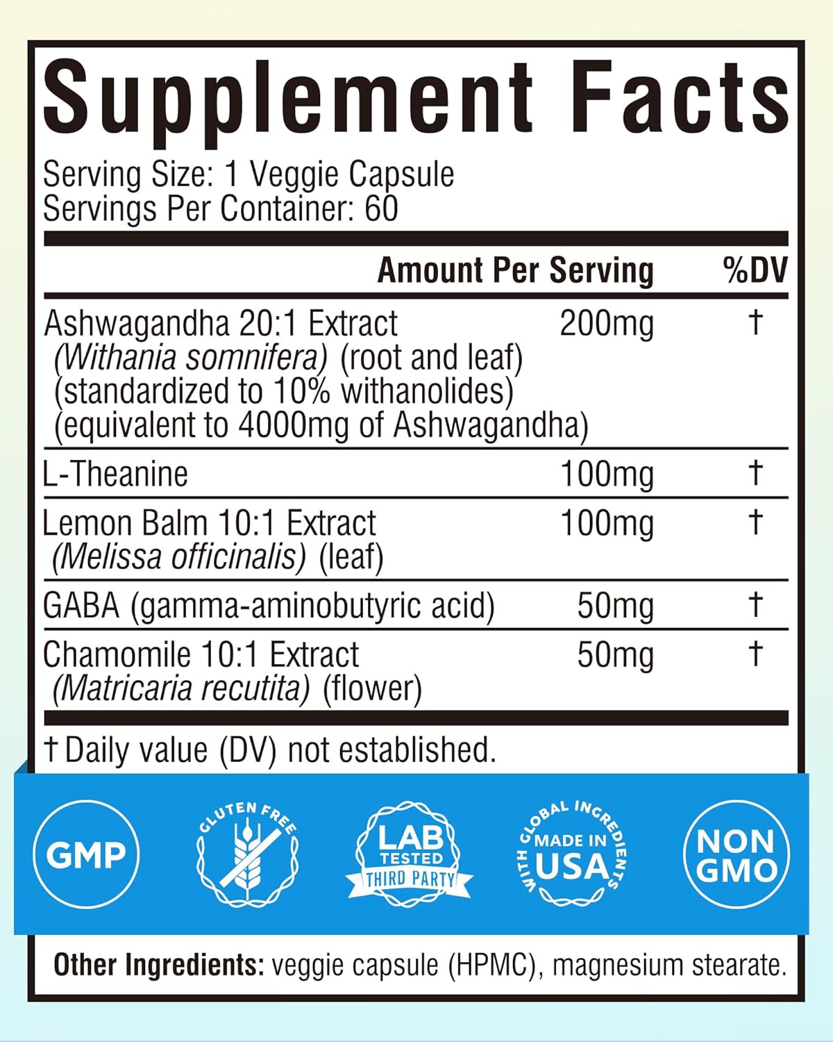Terranics Ashwagandha L-Theanine Supplement for Stress Relief, Combined with GABA, Lemon Balm, Chamomile Flower Extract, Non-GMO, Stay Calm & Relaxed, Boost Cognitive Function, 60 Vegan Capsules - Image 2