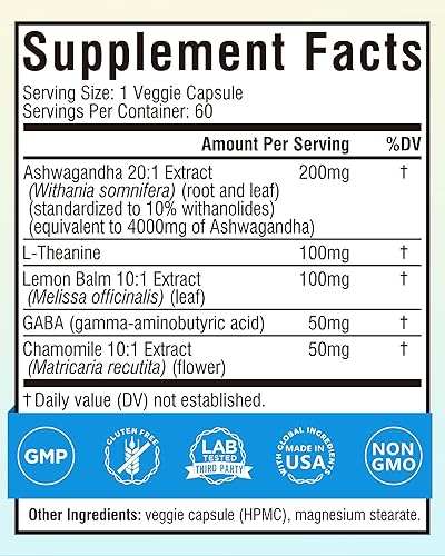Miniatura 2 de Terranics Ashwagandha - Suplemento de L-teanina para aliviar el estrés, combinado con GABA, bálsamo de limón, extracto de flor de manzanilla, sin