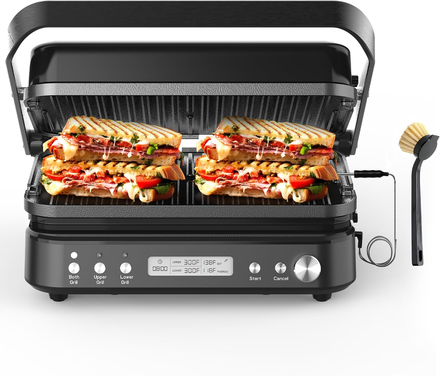 CATTLEMAN 5-in-1 Panini Press Indoor Grill: 1600W Smokeless Griddle, Reversible PFAS-Free Ceramic Plates, Meat Thermometer