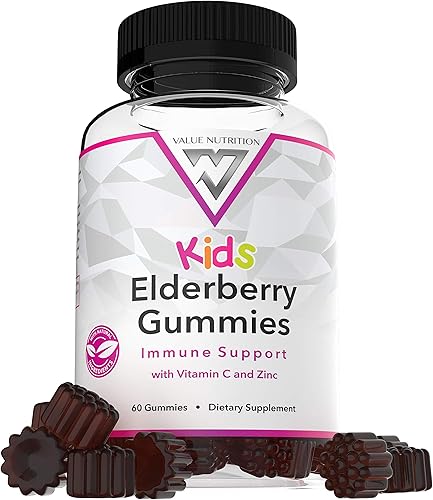 Value Nutrition Elderberry Gomitas para niños Soporte inmune con vitamina C y zinc, antioxidante natural, sin gelatina, sin jarabe de maíz de