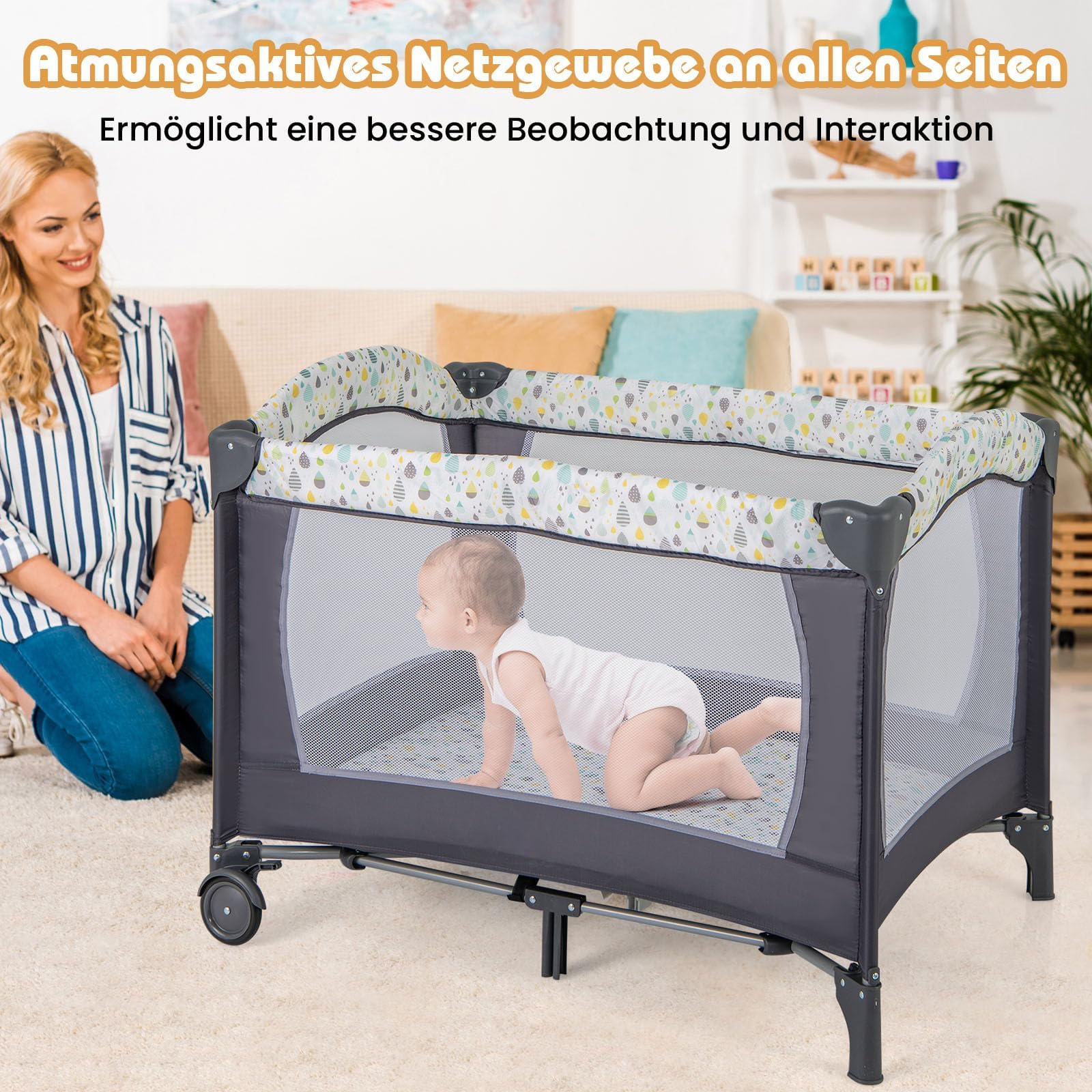 COSTWAY 3 in 1 Beistellbett klappbar, Reisebett mit Matratze, Hängespielzeug, Spieluhr, Wickeltisch & Tragetasche, 2 Ebene Babybett mit Rollen für Baby bis 36 Monaten (Beige)