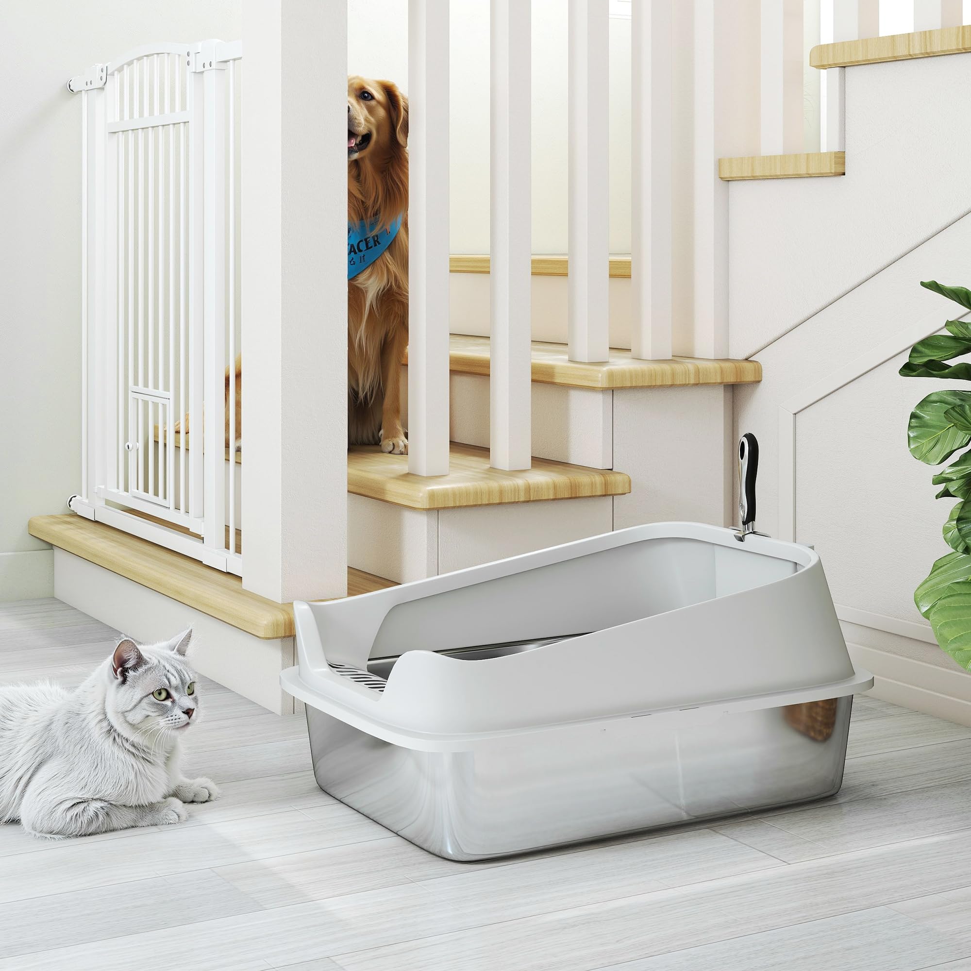 PawHut Arenero para Gatos de Acero Inoxidable XL, 60,2x40,2x29,7 cm, Gris | Caja de Arena para Gatos, Arenero con Borde Alto, Pala Metálica, Fácil de Limpiar, Prueba de Fugas