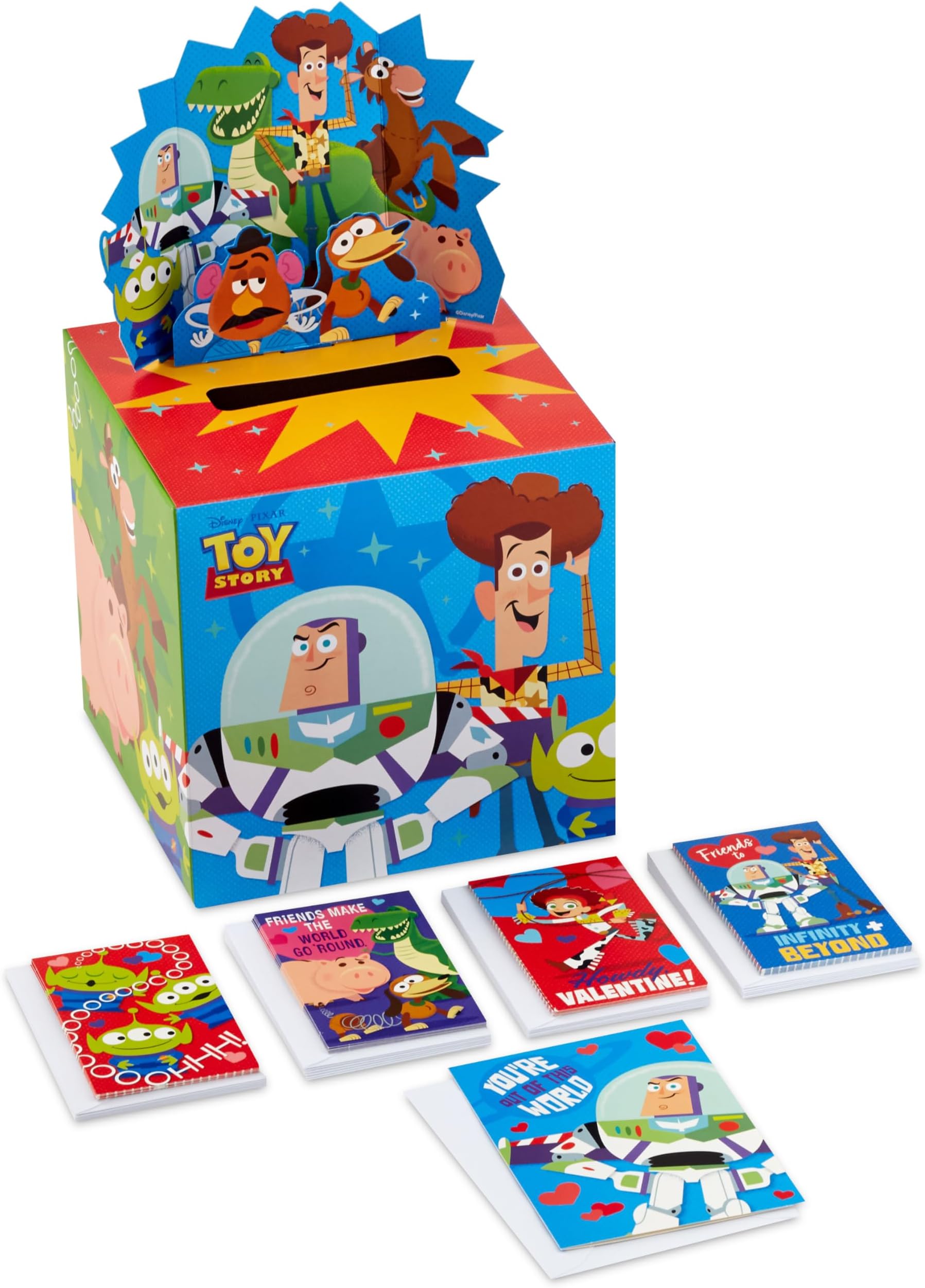 Disney/Pixar Toy Story Valentines Day Cards and Mailbox for Kids School Classroom Exchange (1 Box, 32 Valentine Cards, 1 Teacher Card)