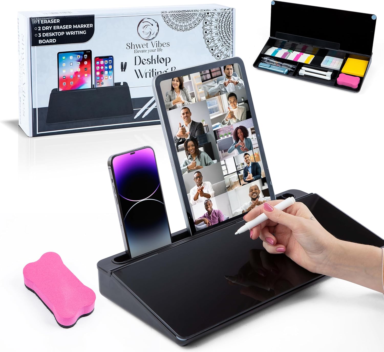 Glass Desktop Whiteboard for Quick Notes & Reminder – Desk Storage with Drawer – Compact Desk Organizer Whiteboard – Small Dry Erase Board - Desktop Accessories for Home Office (Black)