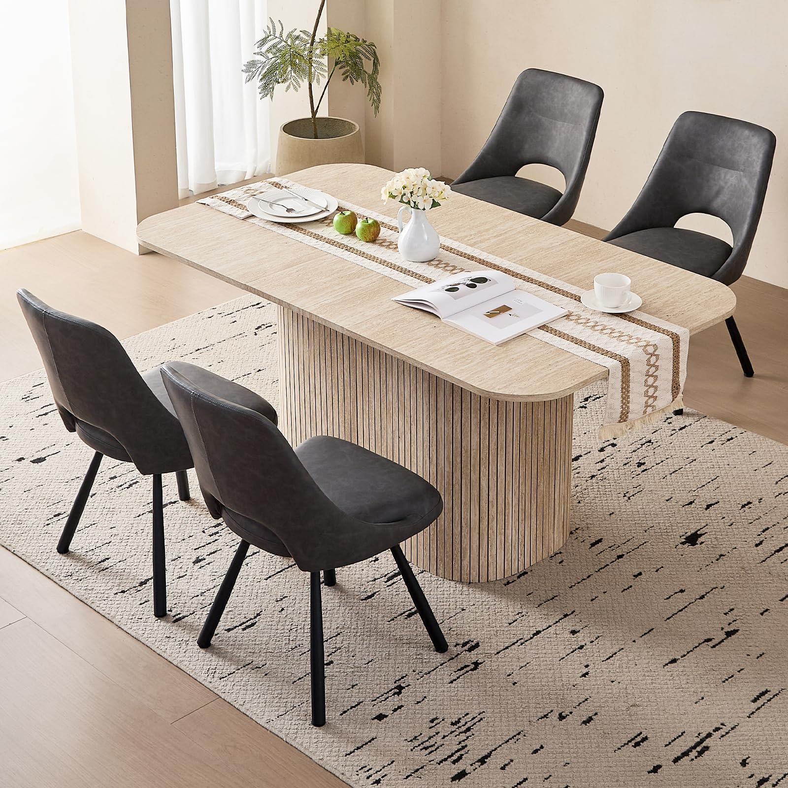 Mesa de Comedor Rectangular, Mesa de Cocina de 160 x 90 x 75 cm, con Capacidad para 4 a 6 Personas, Apta para Sala de Estar, Cocina y Comedor, Acabado en Travertino Amarillo